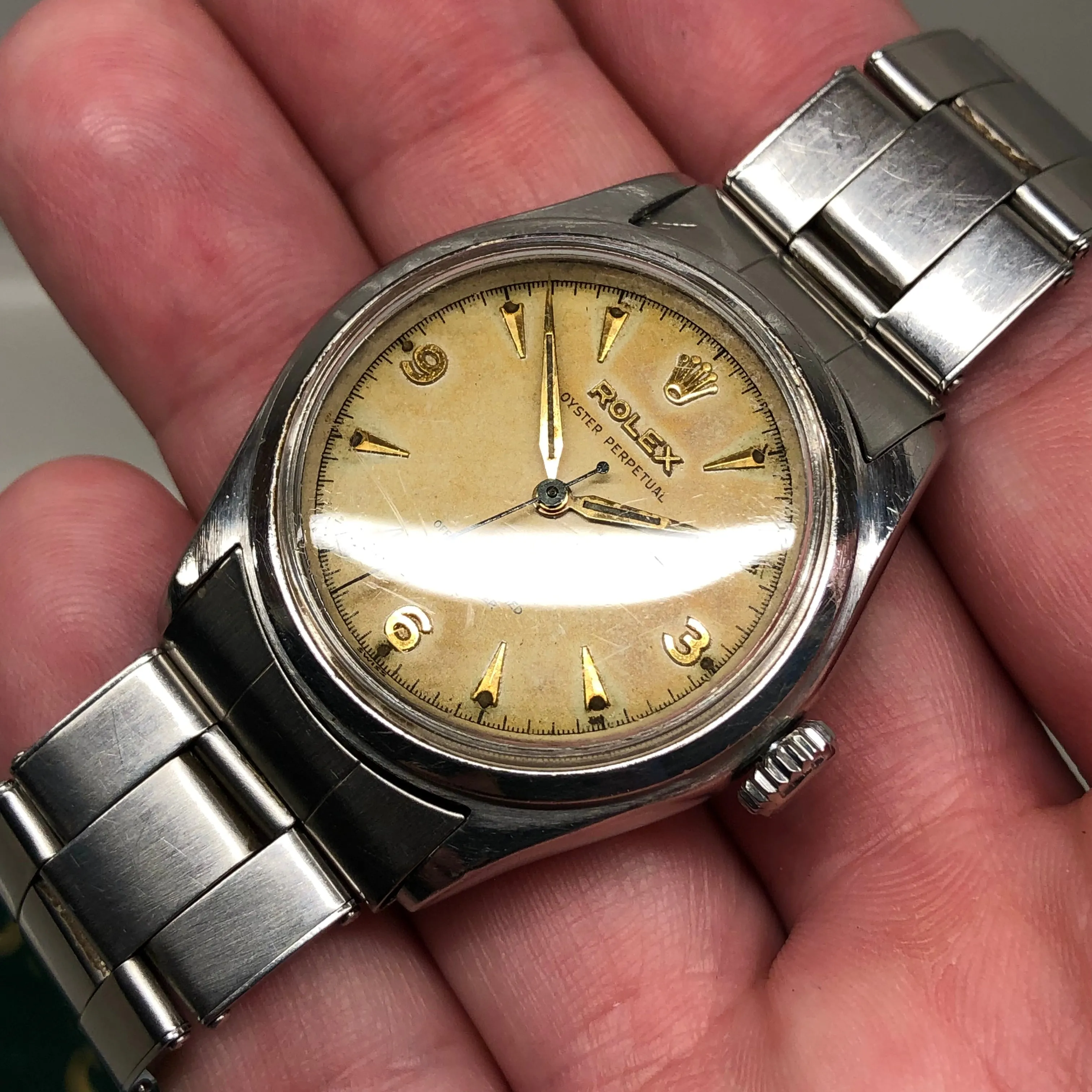 1952 Rolex Oyster Perpetual 6106 Bubbleback Steel Chronometer Tropical Wristwatch
