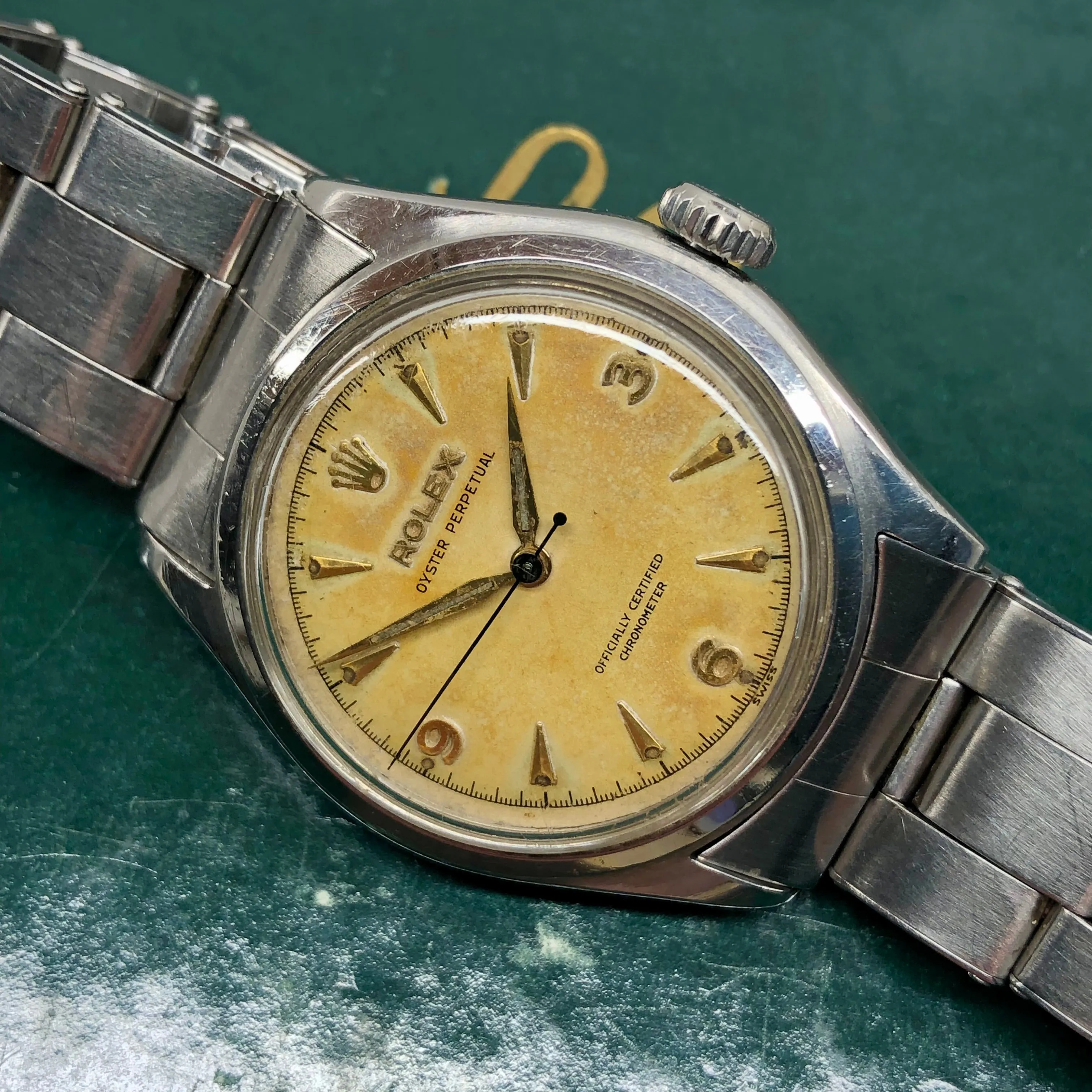 1952 Rolex Oyster Perpetual 6106 Bubbleback Steel Chronometer Tropical Wristwatch
