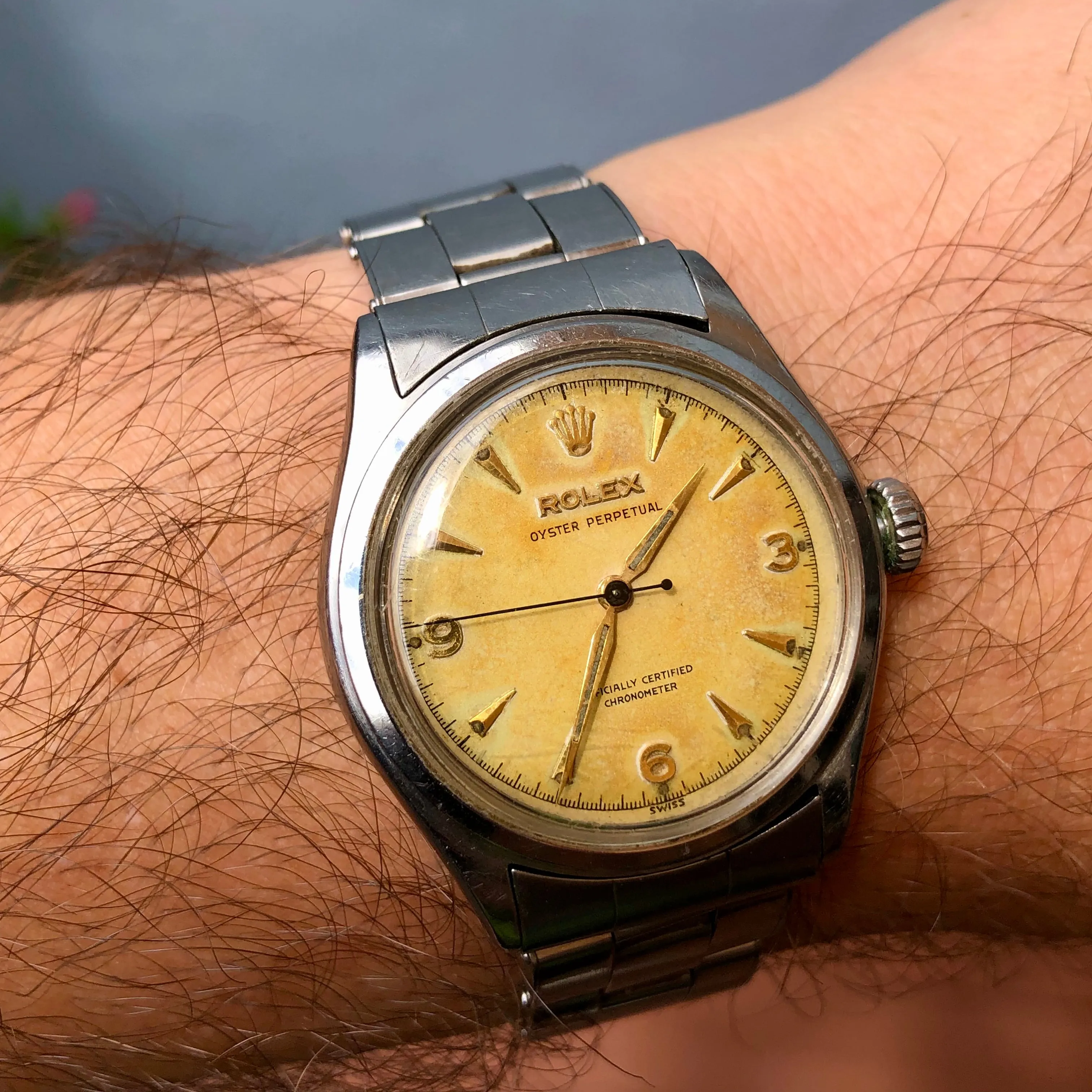 1952 Rolex Oyster Perpetual 6106 Bubbleback Steel Chronometer Tropical Wristwatch