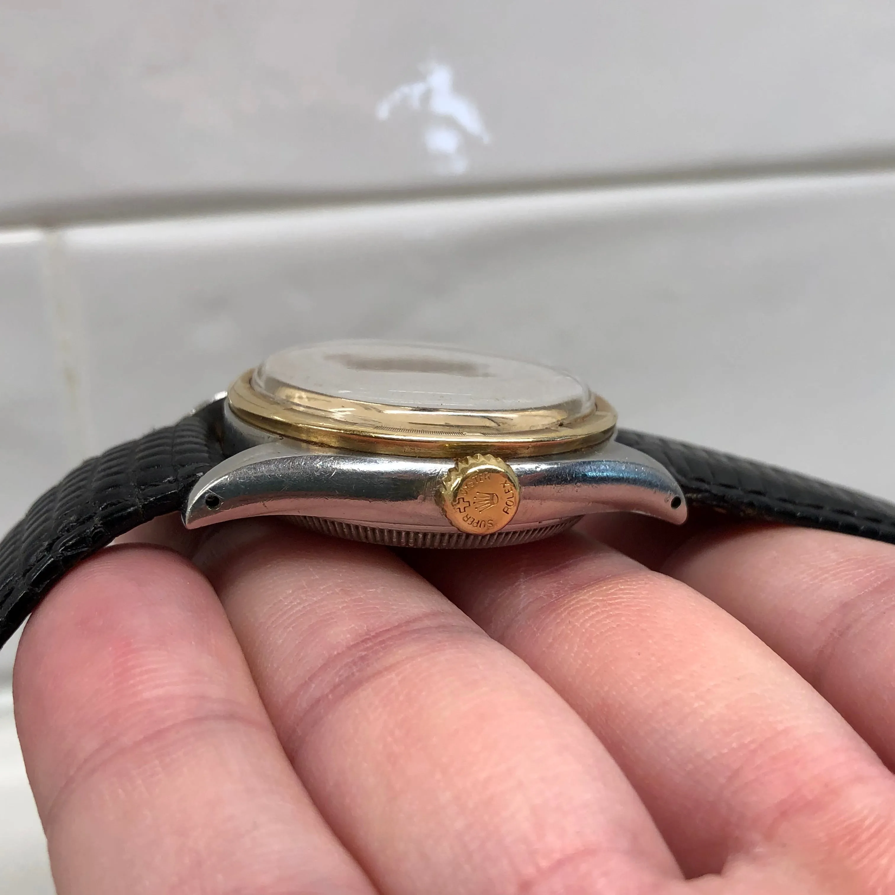 1953 Vintage Rolex 6103 Oyster Perpetual Stainless Steel Gold Engine Turned Bezel Wristwatch