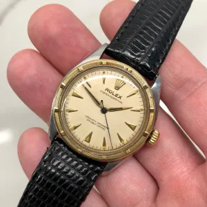 1953 Vintage Rolex 6103 Oyster Perpetual Stainless Steel Gold Engine Turned Bezel Wristwatch