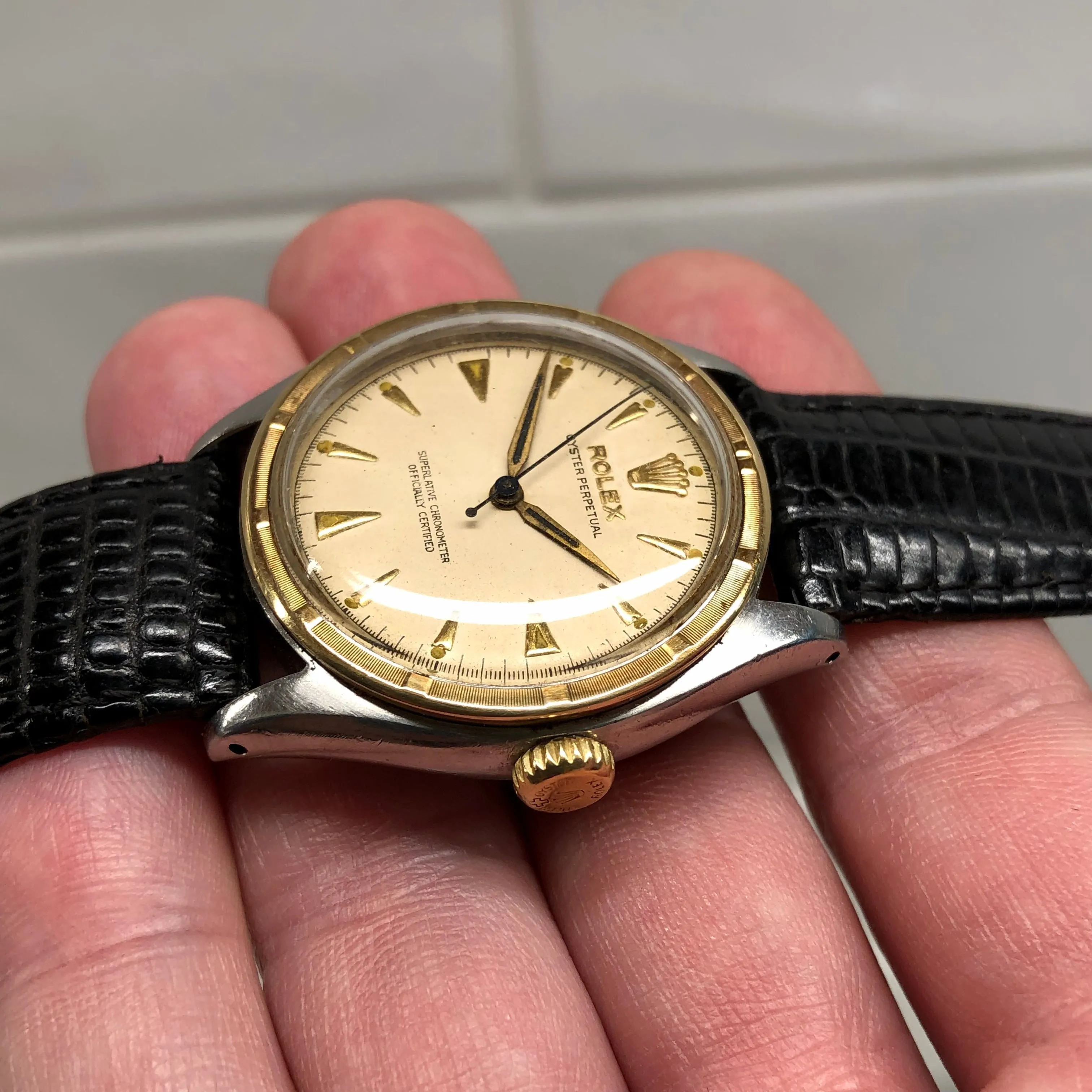 1953 Vintage Rolex 6103 Oyster Perpetual Stainless Steel Gold Engine Turned Bezel Wristwatch