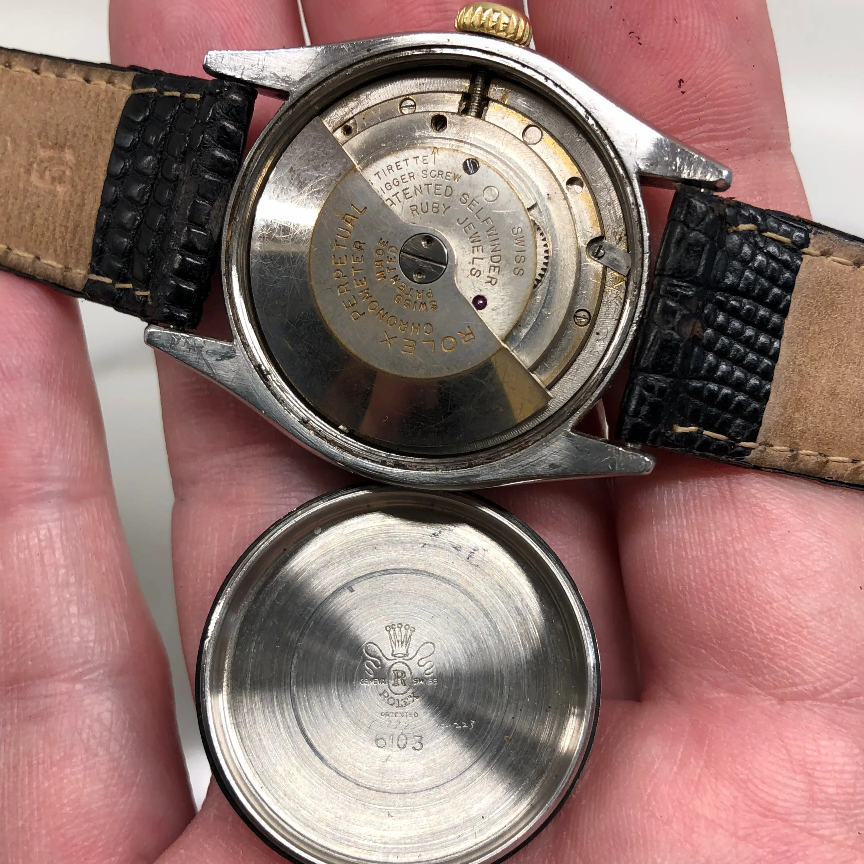1953 Vintage Rolex 6103 Oyster Perpetual Stainless Steel Gold Engine Turned Bezel Wristwatch