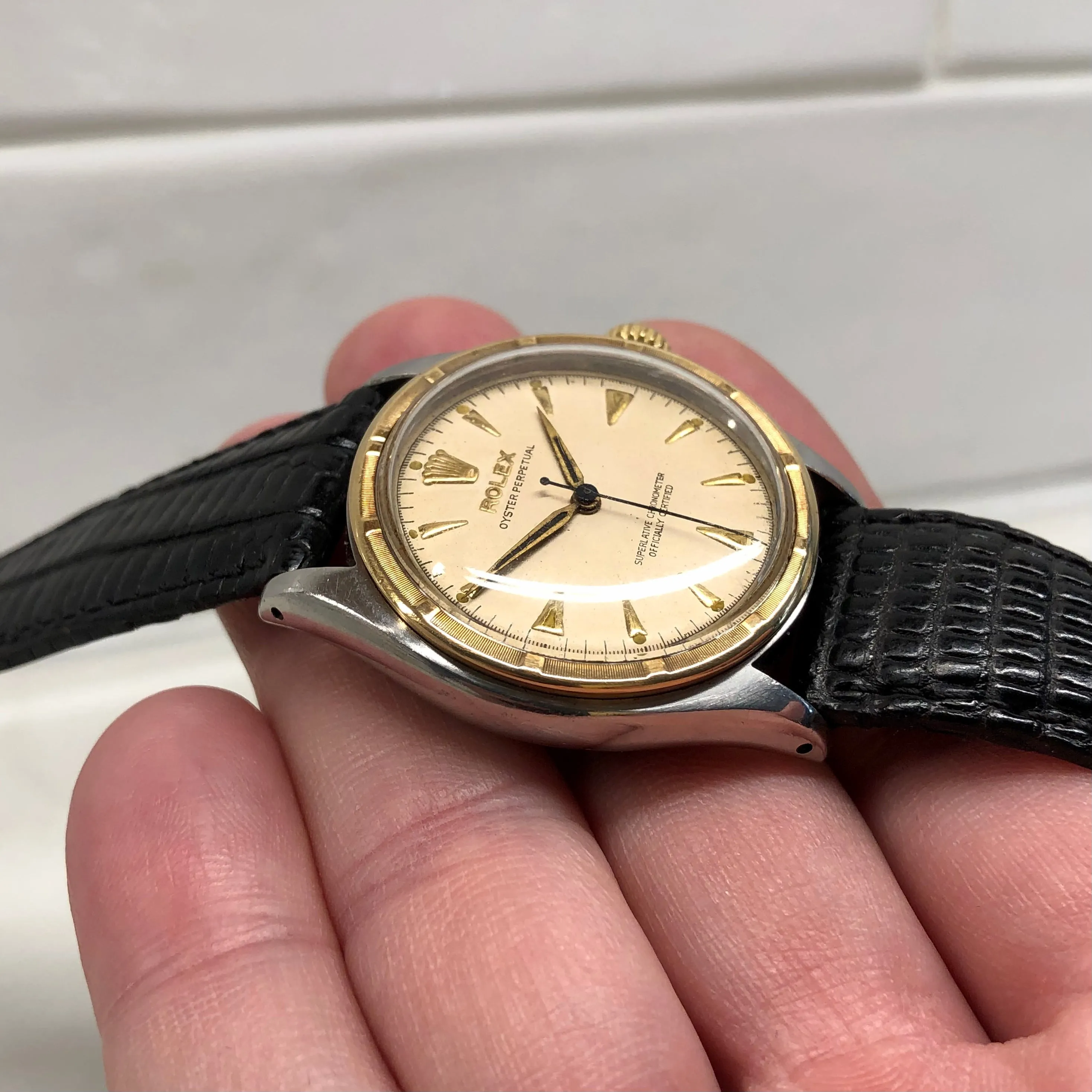 1953 Vintage Rolex 6103 Oyster Perpetual Stainless Steel Gold Engine Turned Bezel Wristwatch