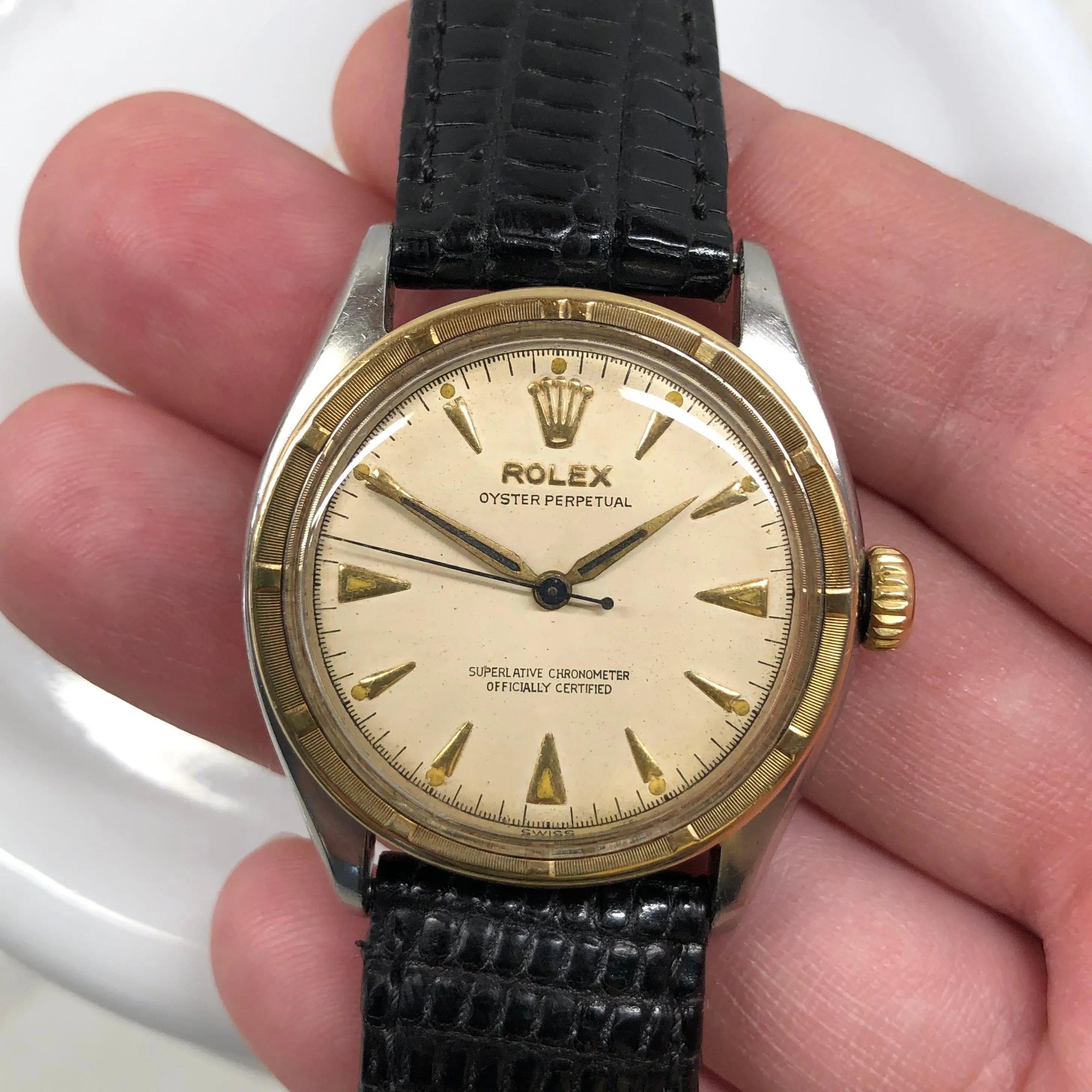 1953 Vintage Rolex 6103 Oyster Perpetual Stainless Steel Gold Engine Turned Bezel Wristwatch