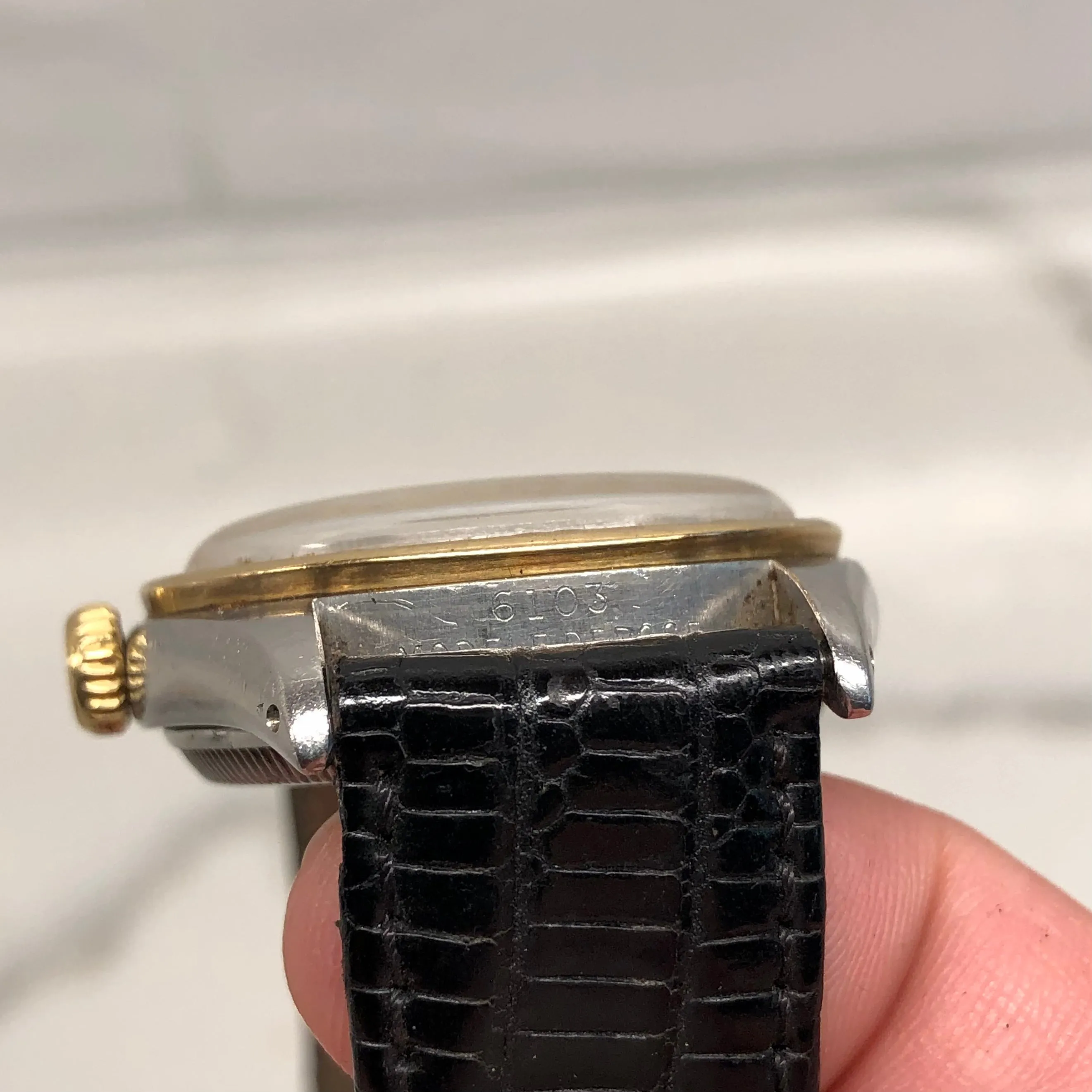 1953 Vintage Rolex 6103 Oyster Perpetual Stainless Steel Gold Engine Turned Bezel Wristwatch