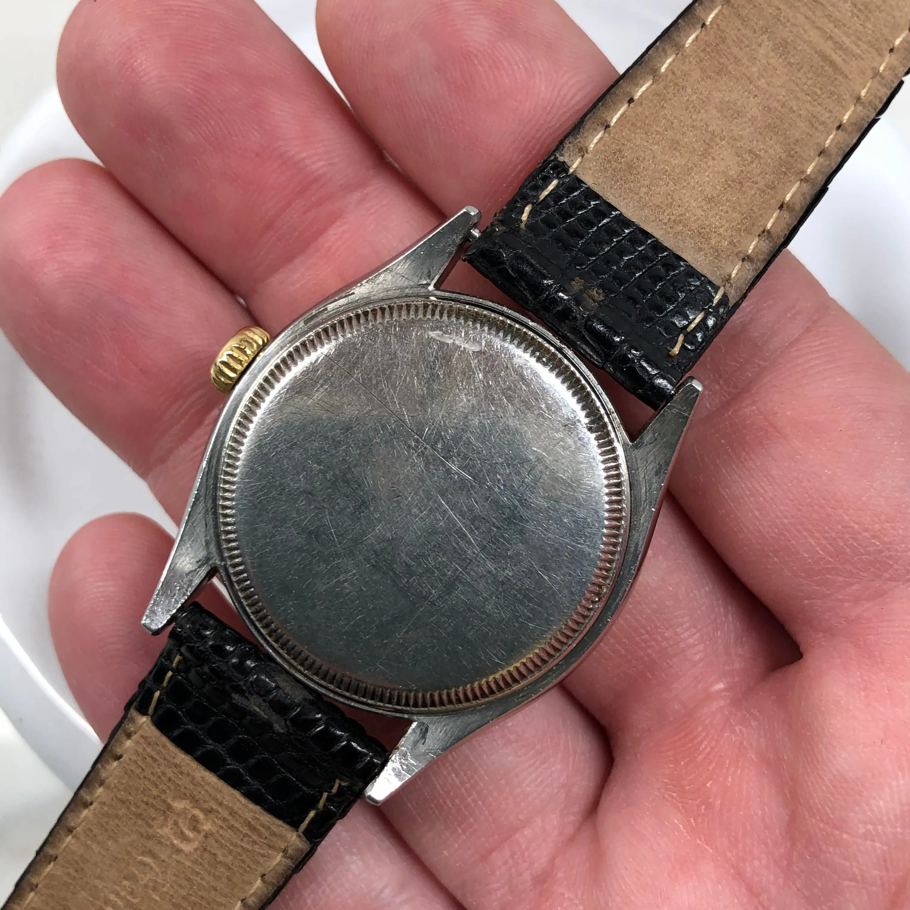 1953 Vintage Rolex 6103 Oyster Perpetual Stainless Steel Gold Engine Turned Bezel Wristwatch