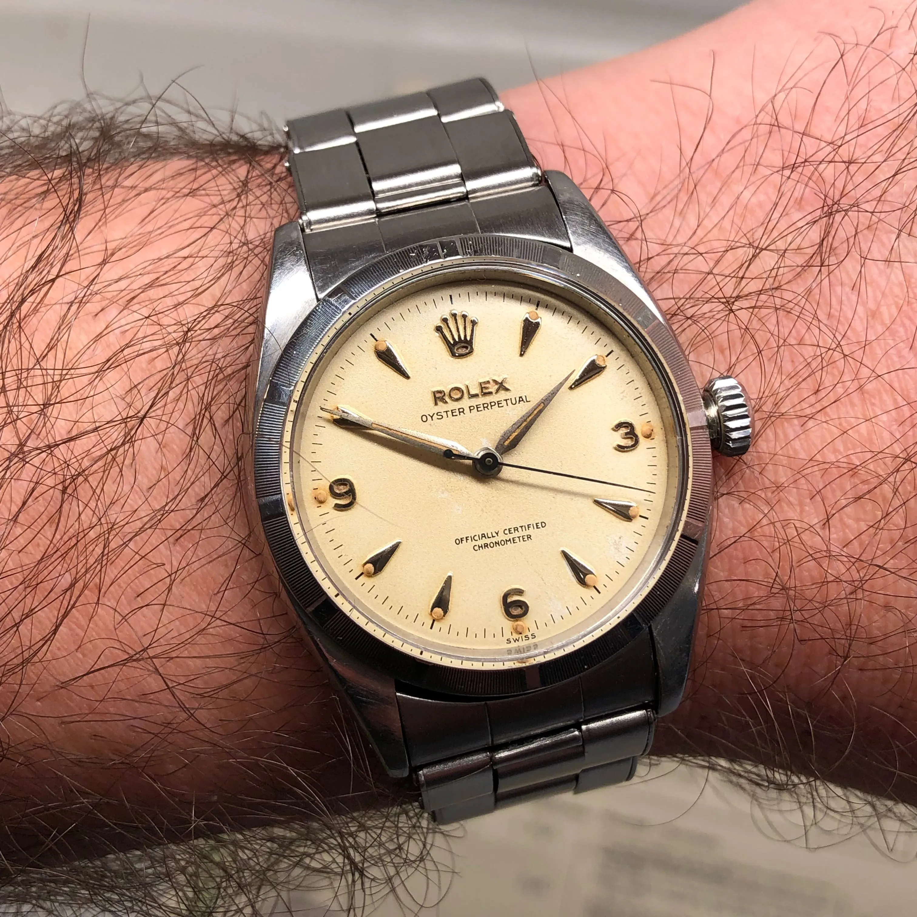 1954 Rolex Oyster Perpetual 6581 Caliber 1030 Steel Wristwatch with PX Store Box Papers and Chronometer Certificate