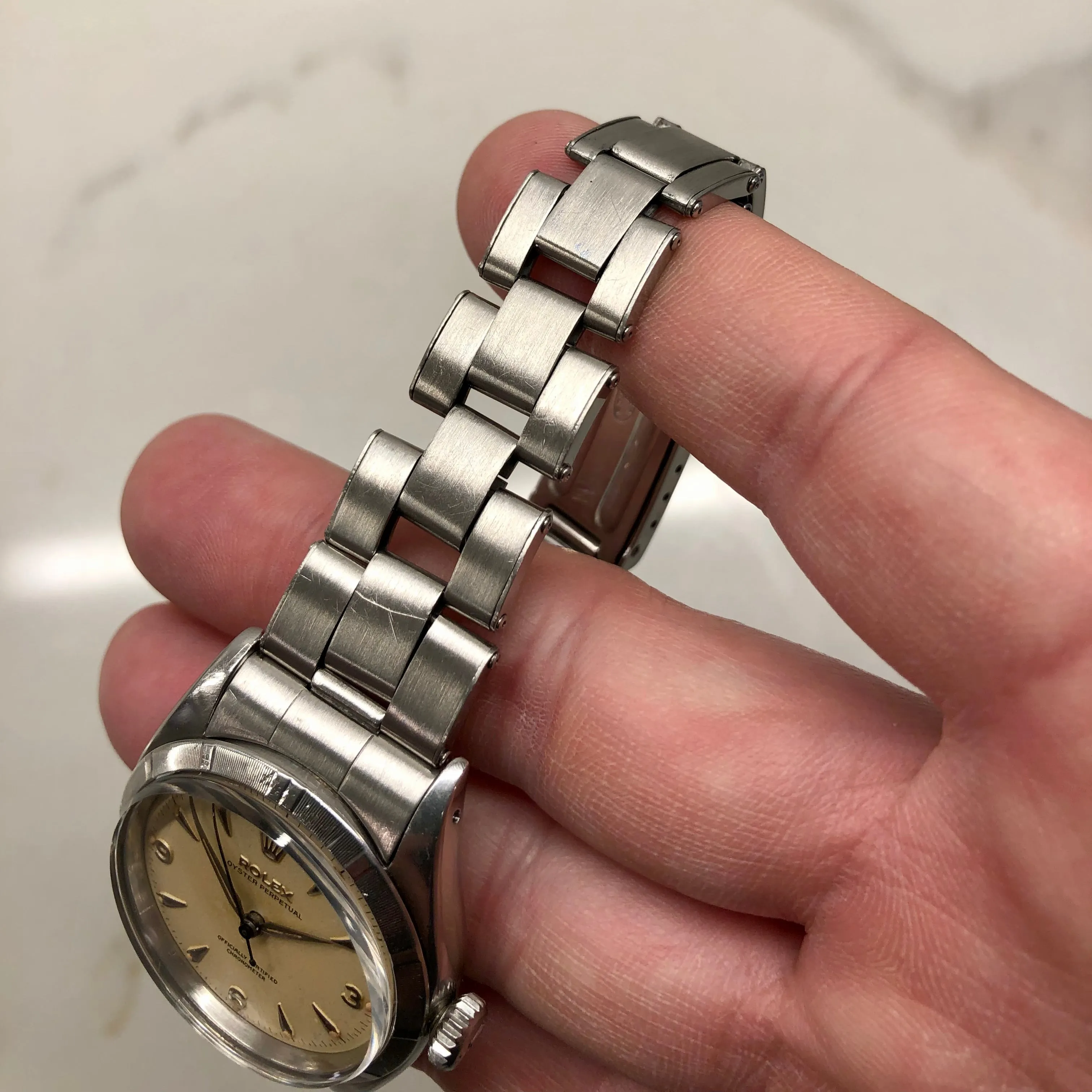 1954 Rolex Oyster Perpetual 6581 Caliber 1030 Steel Wristwatch with PX Store Box Papers and Chronometer Certificate