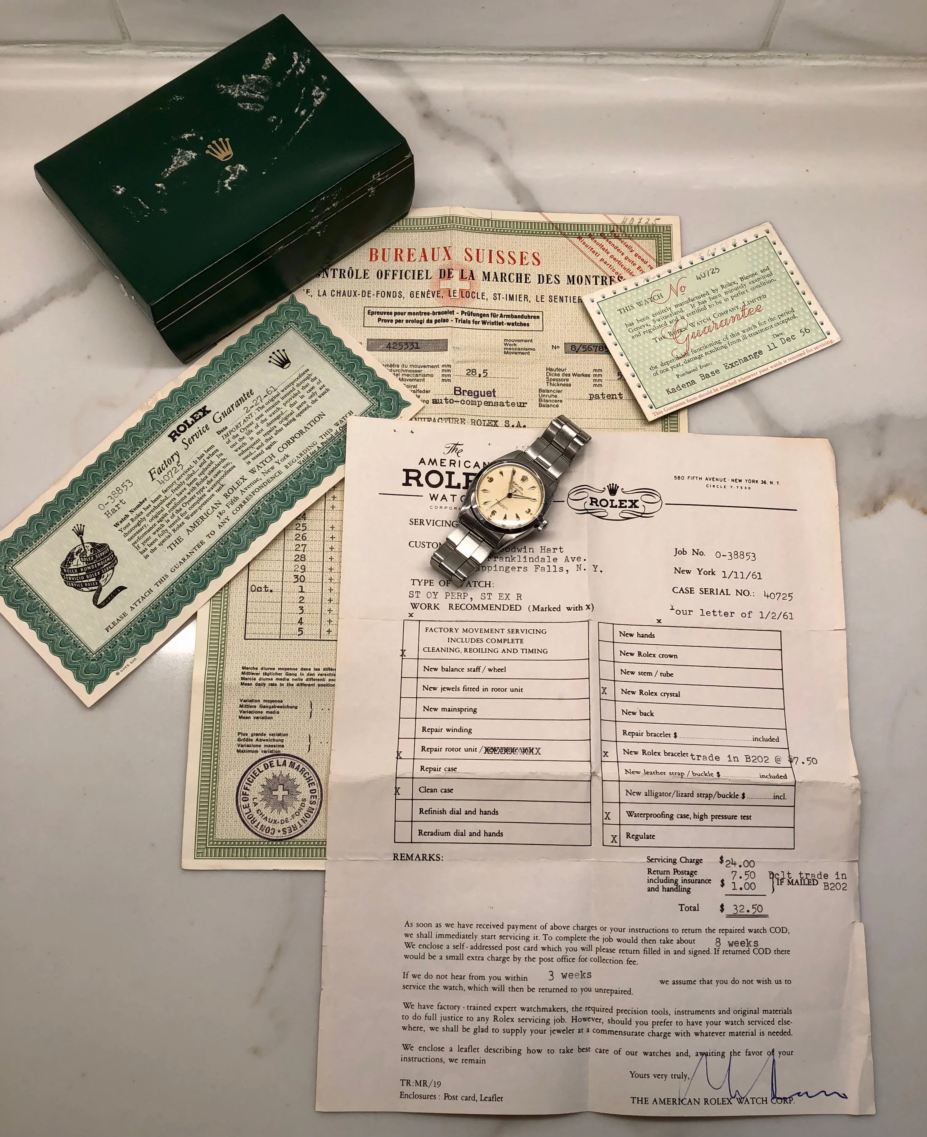 1954 Rolex Oyster Perpetual 6581 Caliber 1030 Steel Wristwatch with PX Store Box Papers and Chronometer Certificate