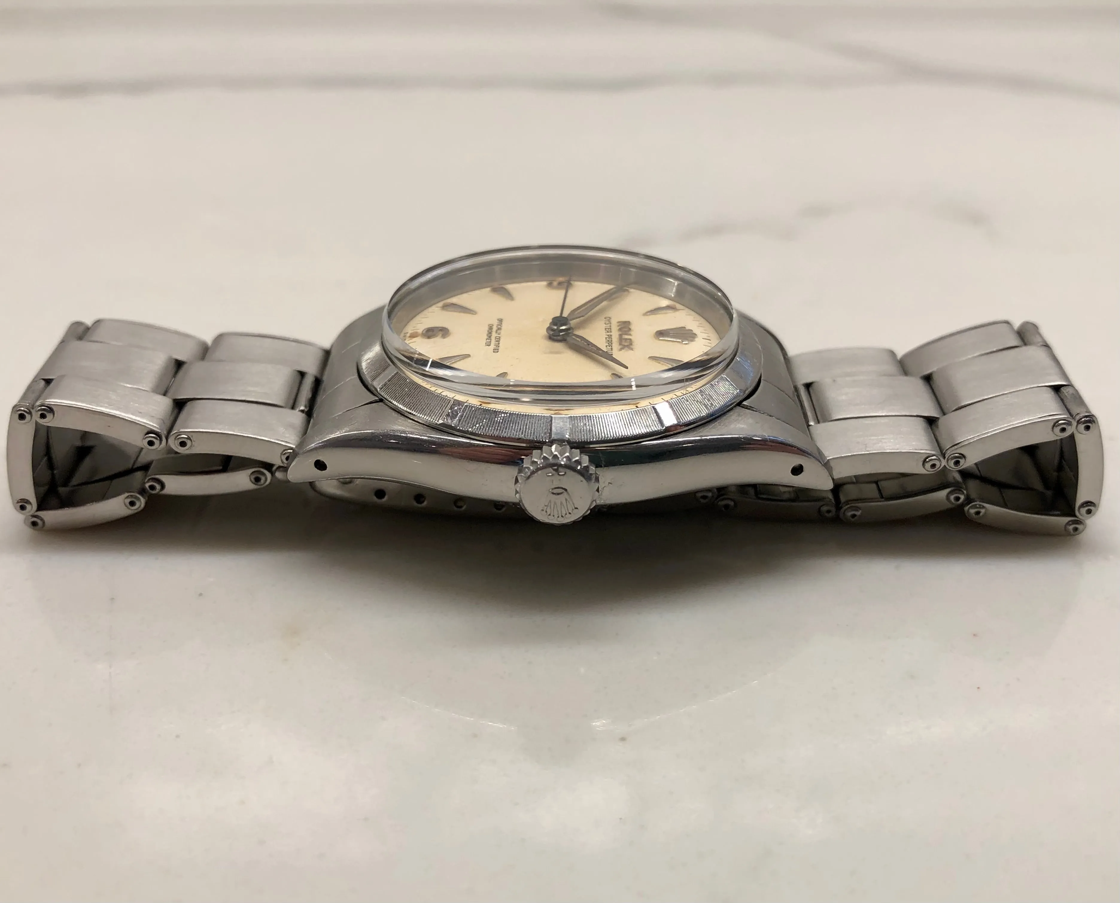 1954 Rolex Oyster Perpetual 6581 Caliber 1030 Steel Wristwatch with PX Store Box Papers and Chronometer Certificate