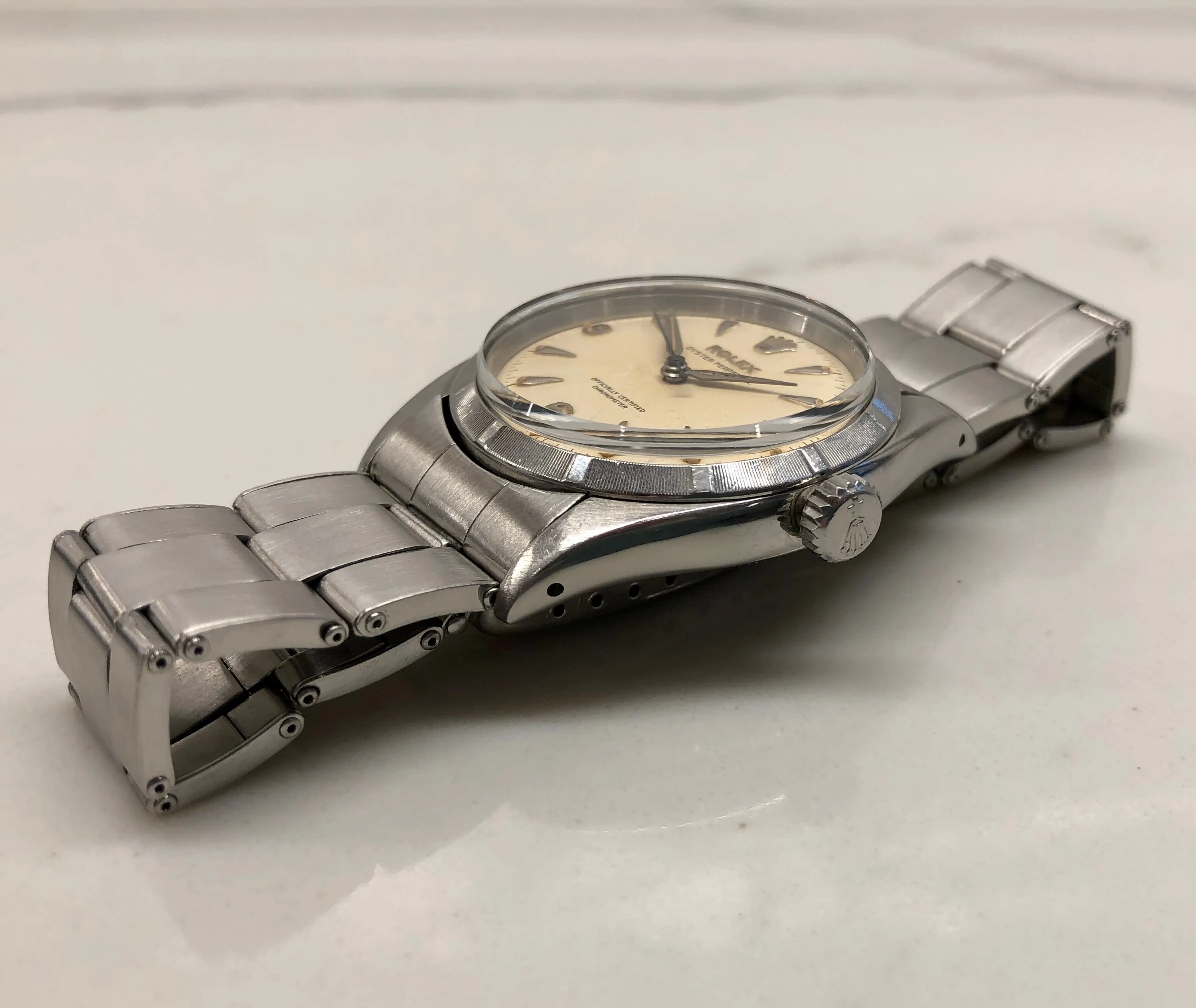 1954 Rolex Oyster Perpetual 6581 Caliber 1030 Steel Wristwatch with PX Store Box Papers and Chronometer Certificate