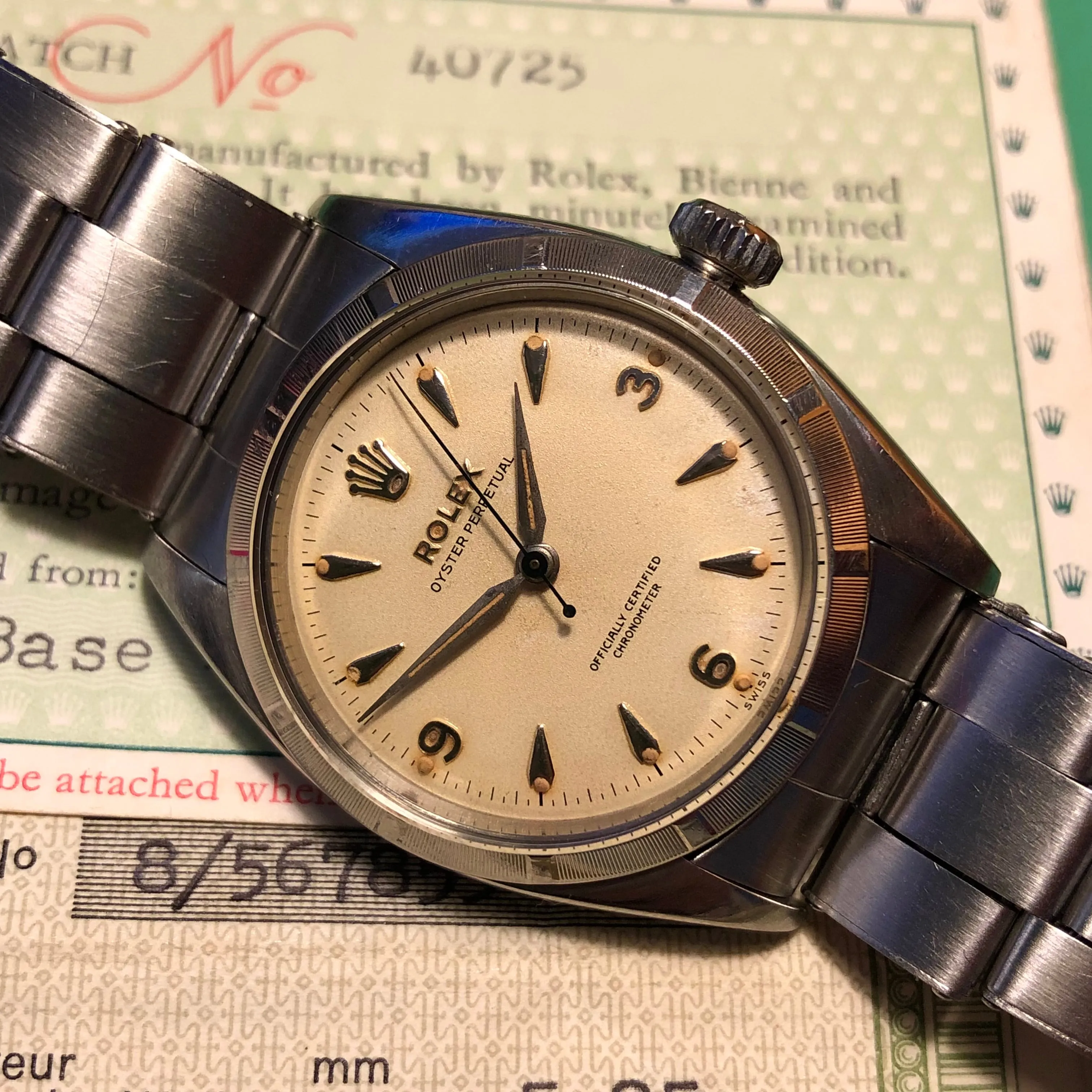 1954 Rolex Oyster Perpetual 6581 Caliber 1030 Steel Wristwatch with PX Store Box Papers and Chronometer Certificate