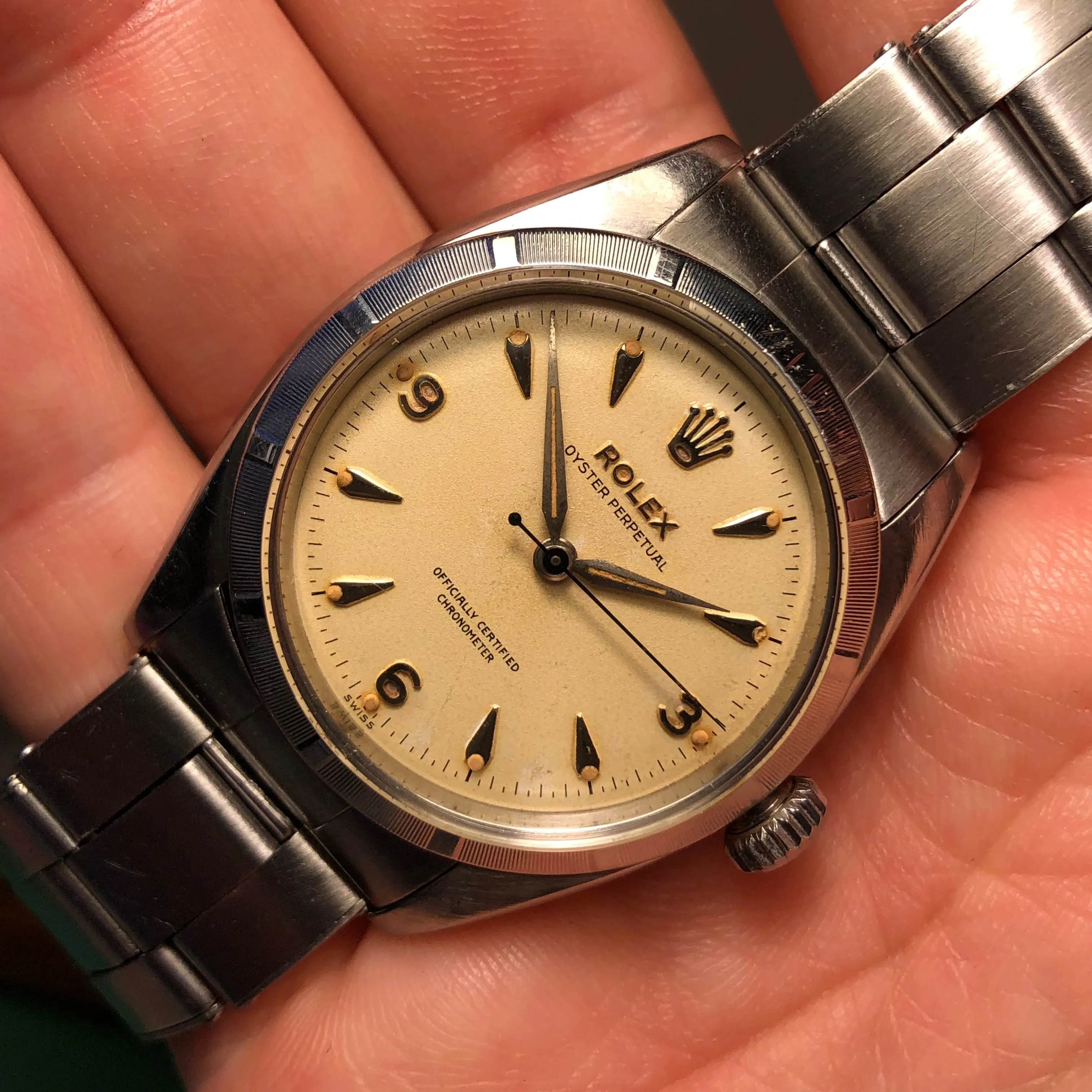 1954 Rolex Oyster Perpetual 6581 Caliber 1030 Steel Wristwatch with PX Store Box Papers and Chronometer Certificate