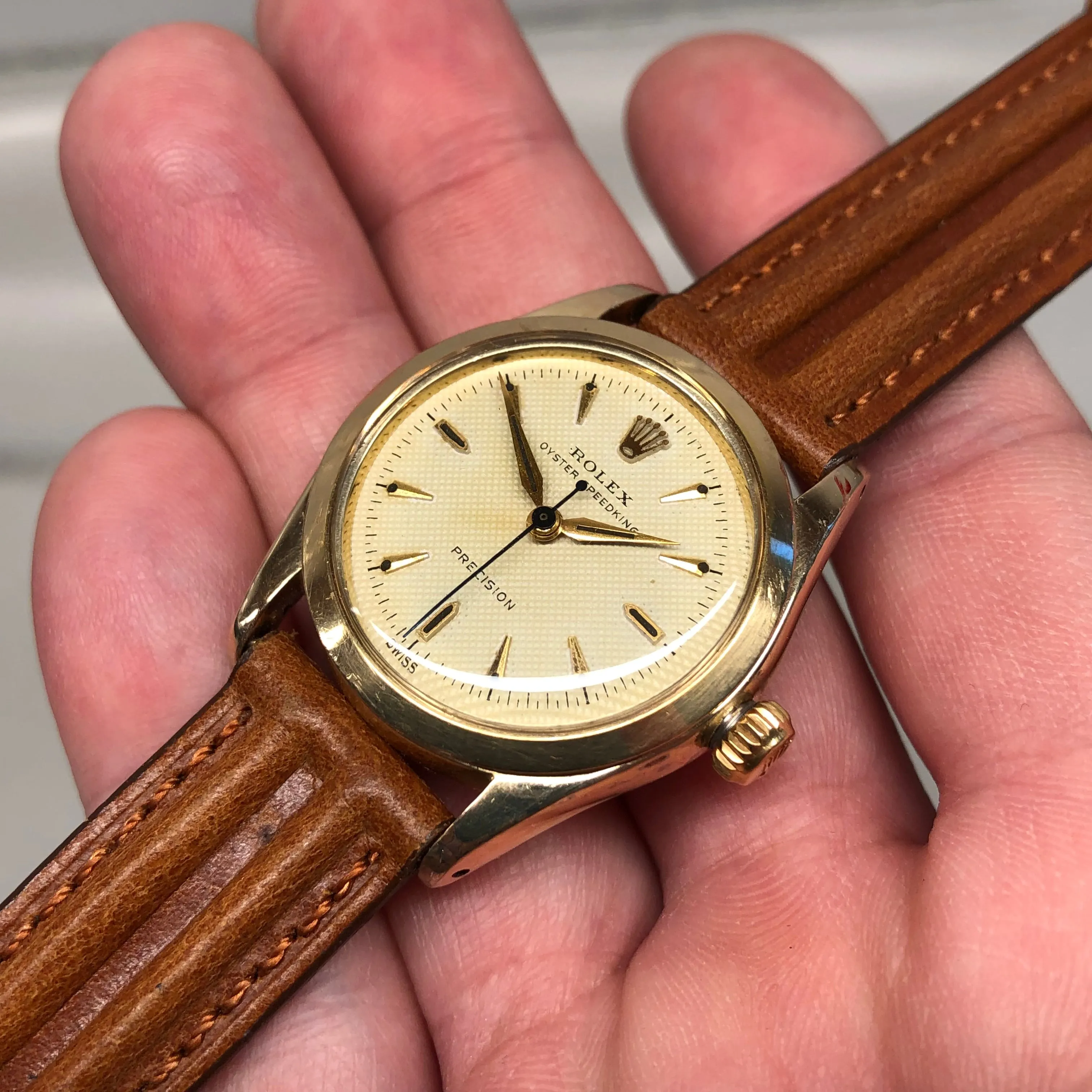 1956 Rolex Oyster Speedking 6418 Waffle Dial Gold Top 31mm Precision Wristwatch