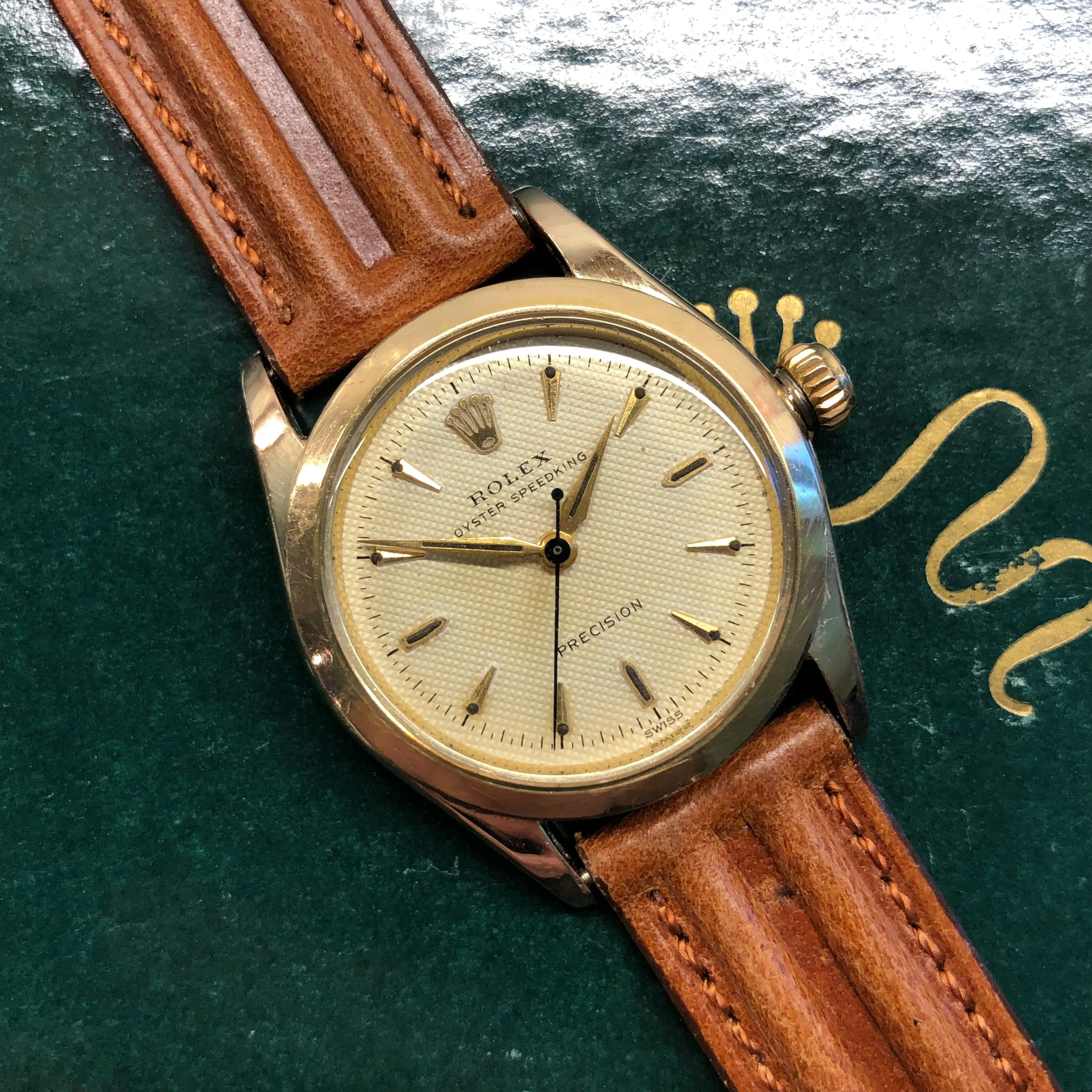 1956 Rolex Oyster Speedking 6418 Waffle Dial Gold Top 31mm Precision Wristwatch