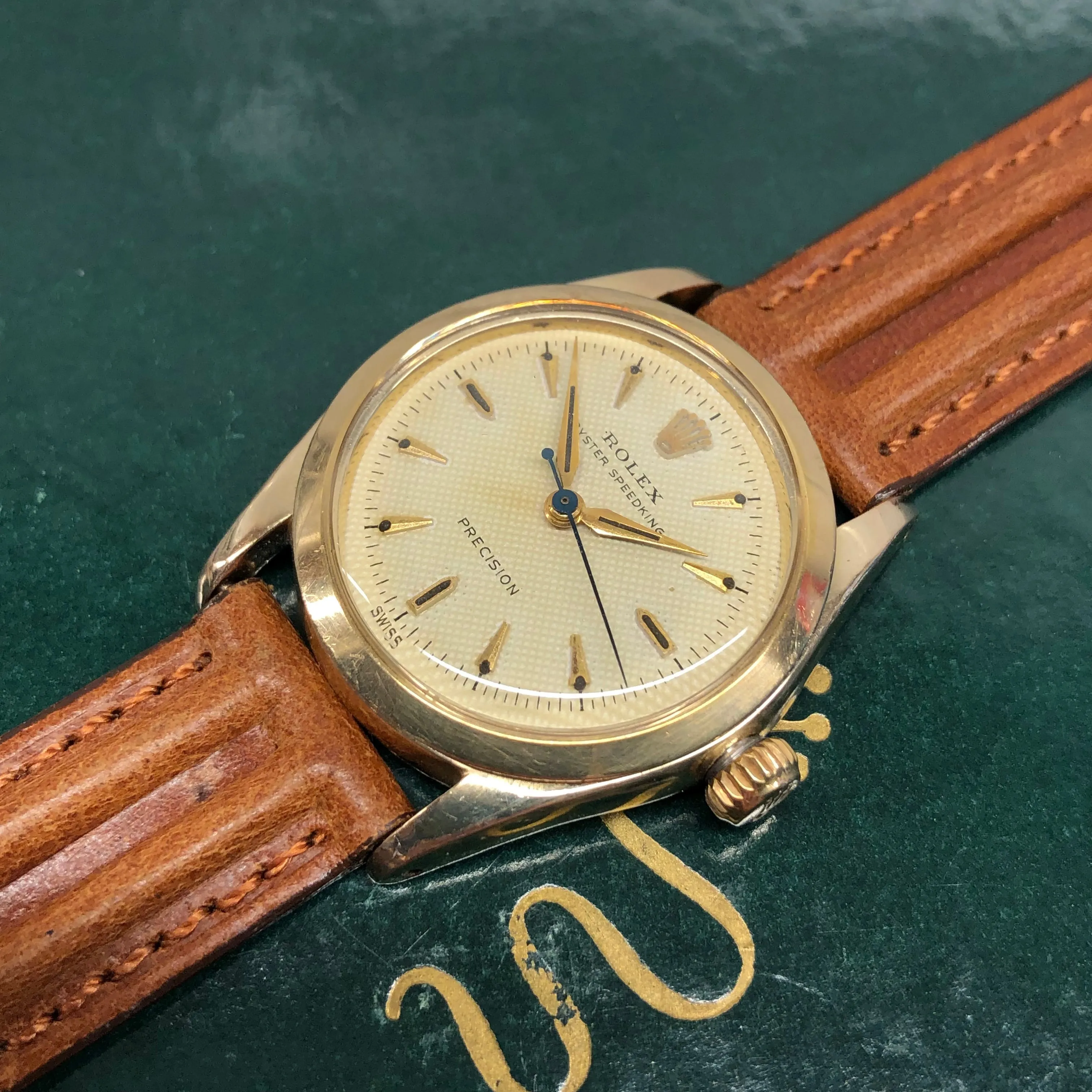 1956 Rolex Oyster Speedking 6418 Waffle Dial Gold Top 31mm Precision Wristwatch