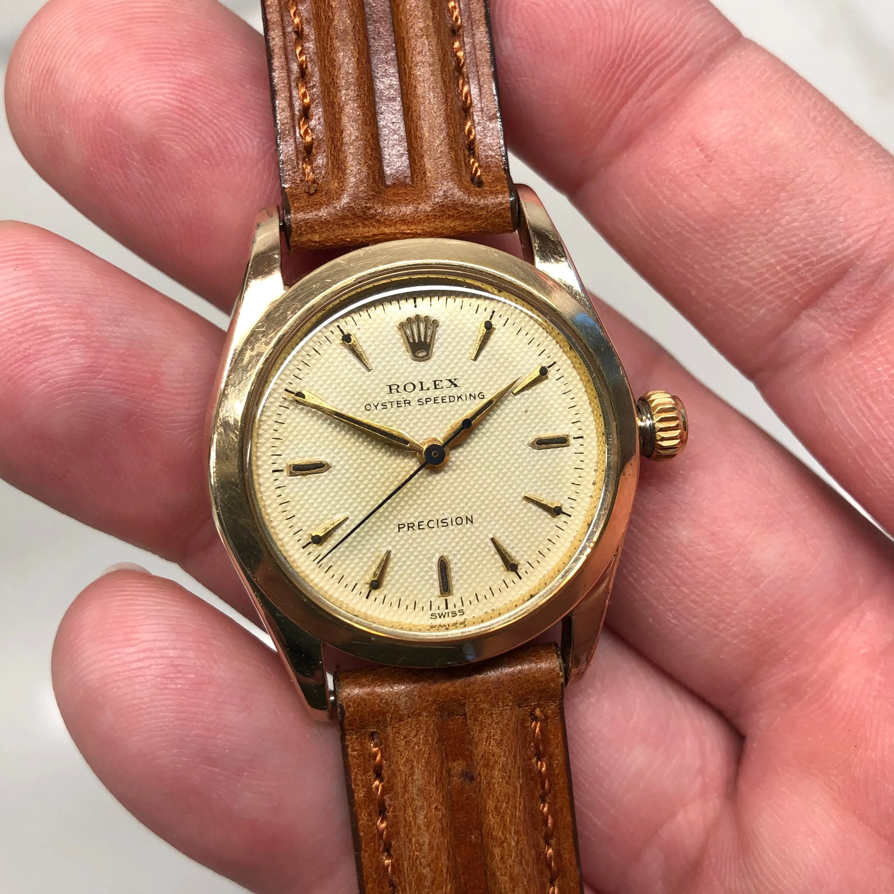 1956 Rolex Oyster Speedking 6418 Waffle Dial Gold Top 31mm Precision Wristwatch