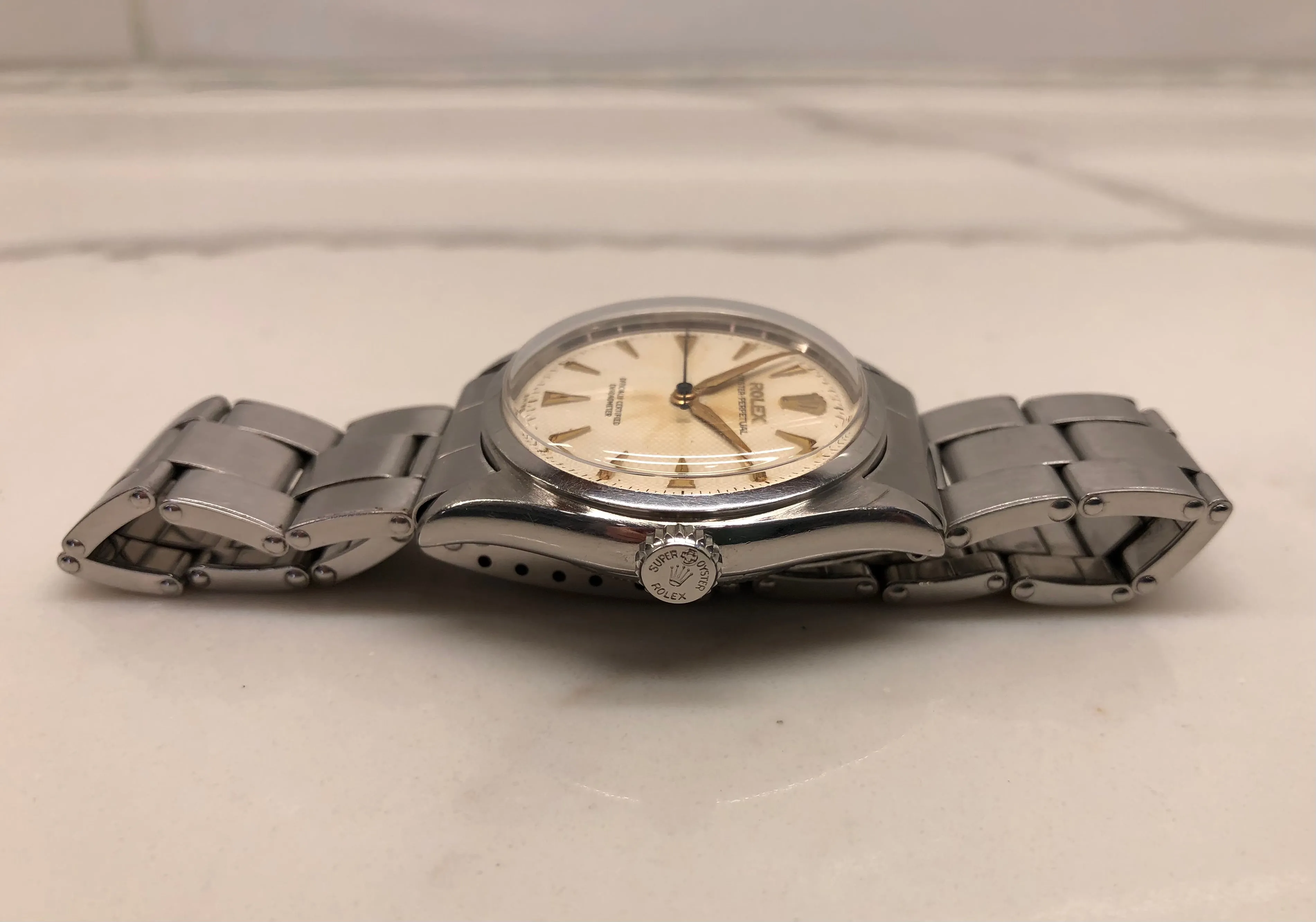 1958 Rolex Oyster Perpetual 6084 White Waffle Dial Big Logo Steel Rivet Bracelet Automatic Wristwatch