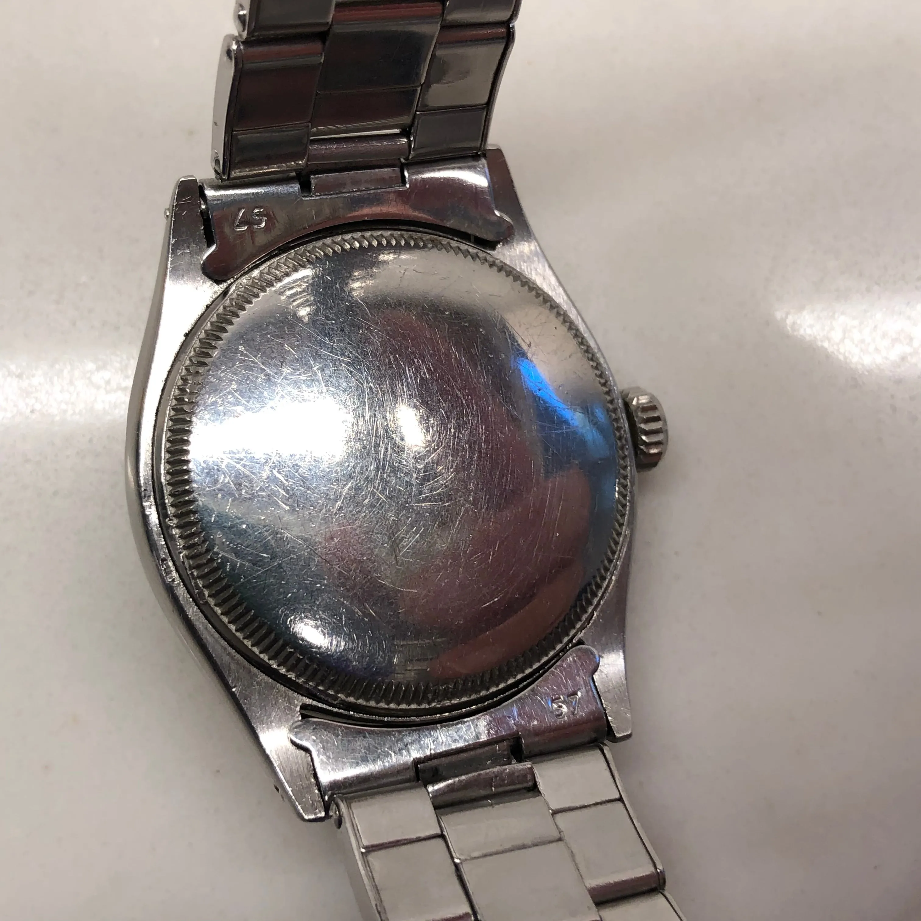 1958 Rolex Oyster Perpetual 6084 White Waffle Dial Big Logo Steel Rivet Bracelet Automatic Wristwatch