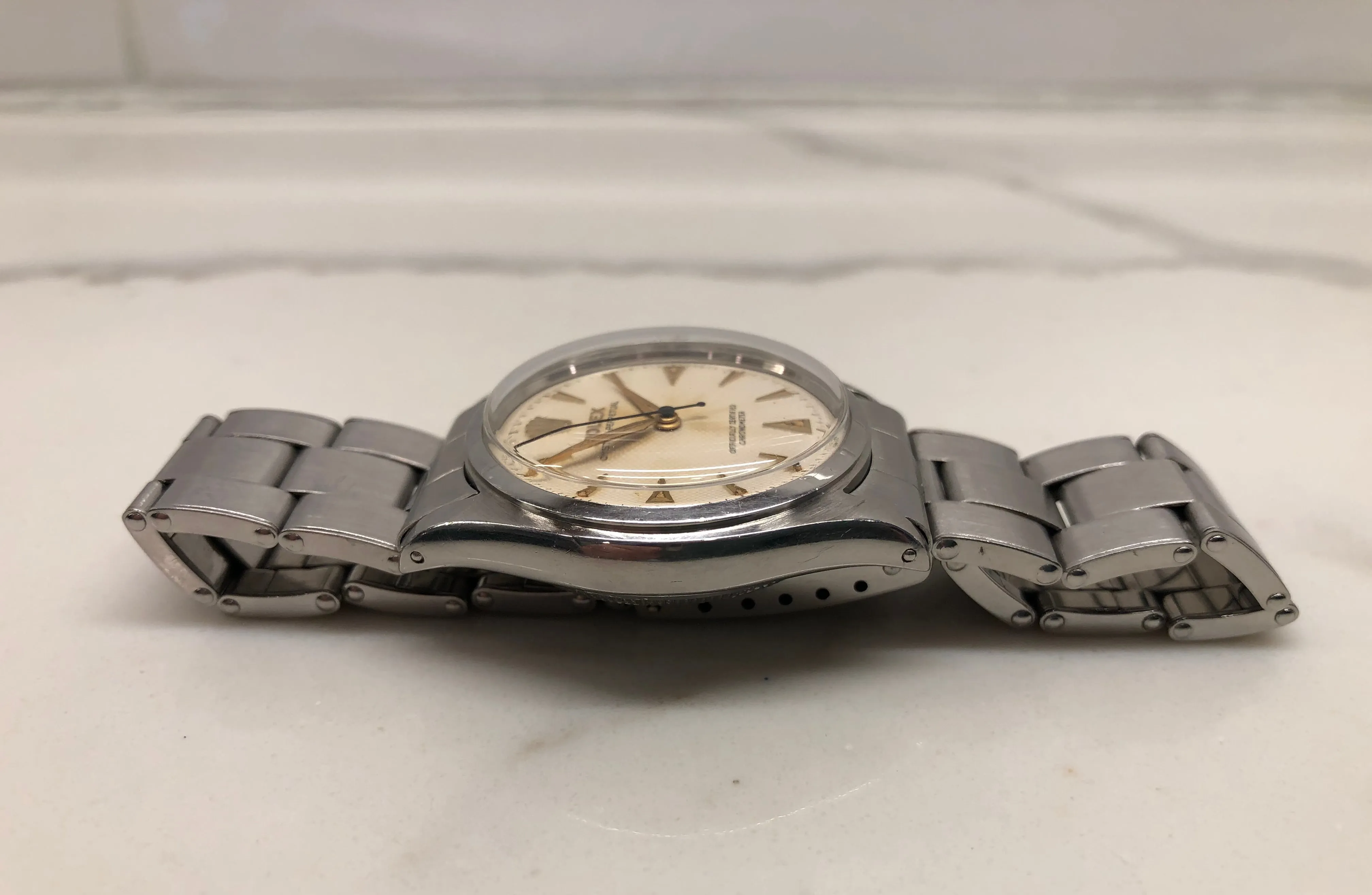1958 Rolex Oyster Perpetual 6084 White Waffle Dial Big Logo Steel Rivet Bracelet Automatic Wristwatch