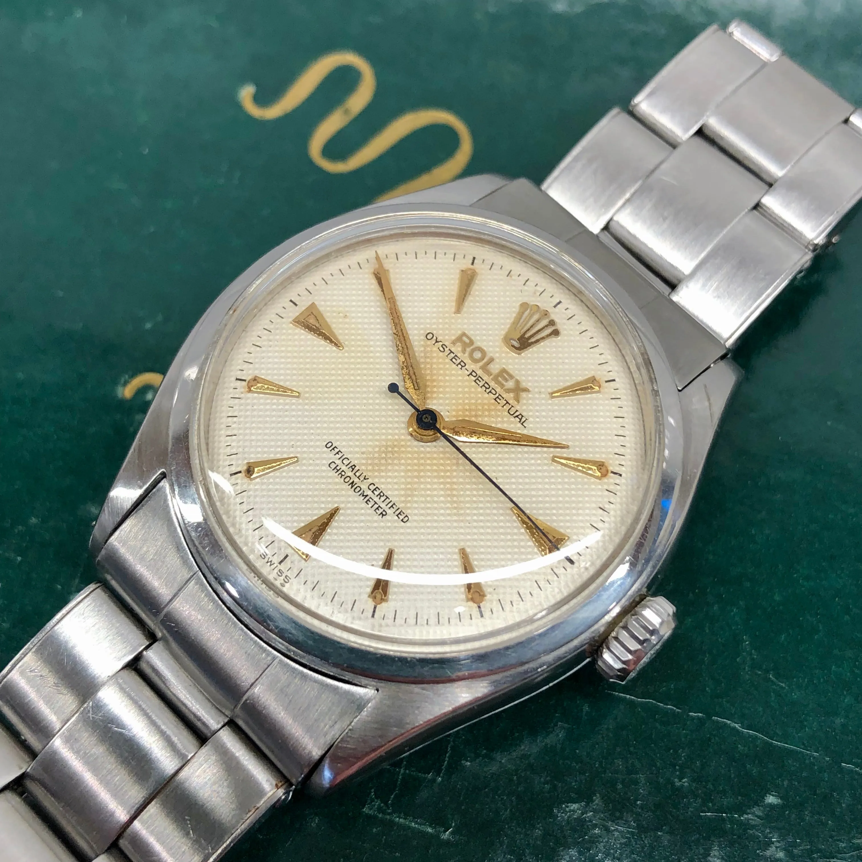 1958 Rolex Oyster Perpetual 6084 White Waffle Dial Big Logo Steel Rivet Bracelet Automatic Wristwatch