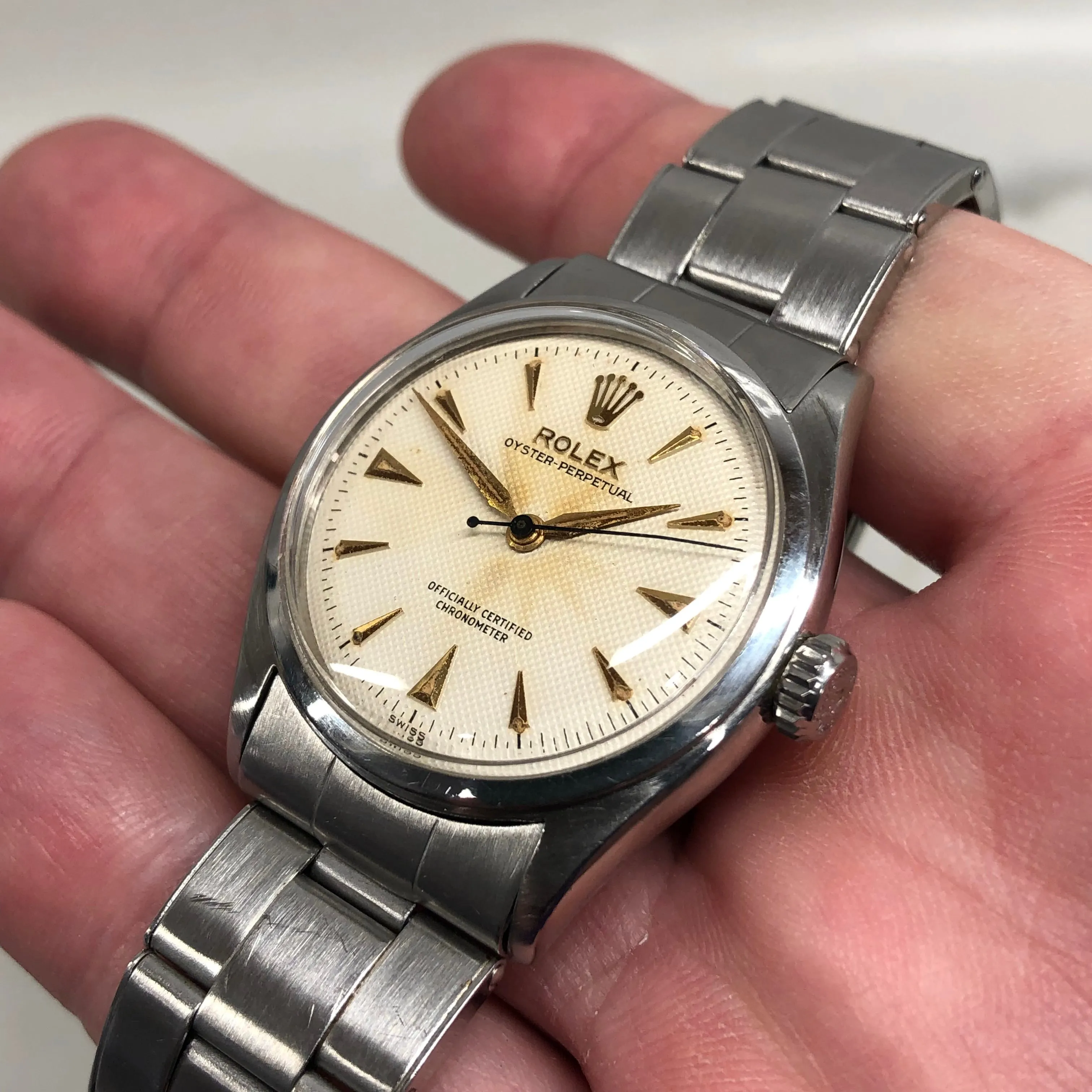 1958 Rolex Oyster Perpetual 6084 White Waffle Dial Big Logo Steel Rivet Bracelet Automatic Wristwatch