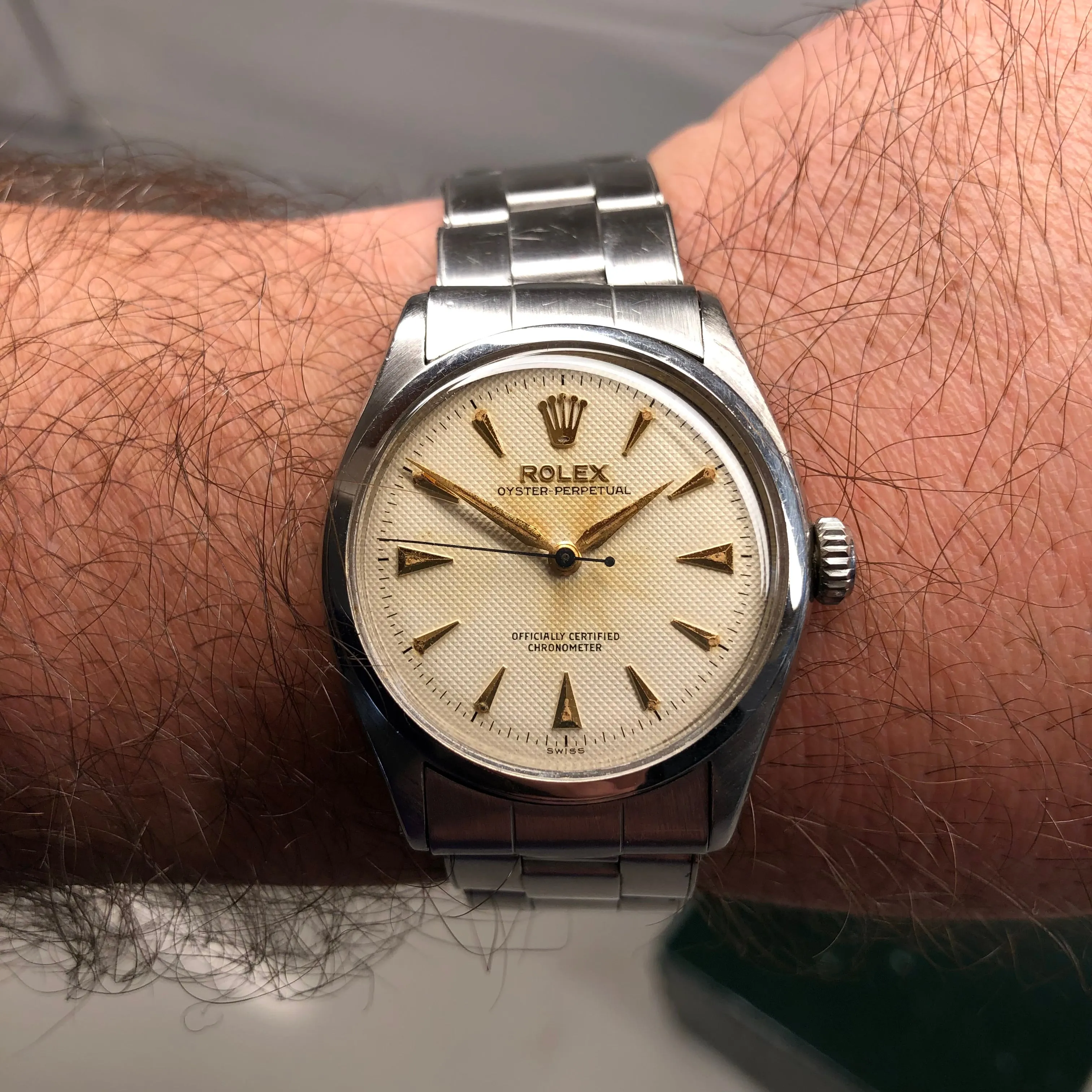 1958 Rolex Oyster Perpetual 6084 White Waffle Dial Big Logo Steel Rivet Bracelet Automatic Wristwatch