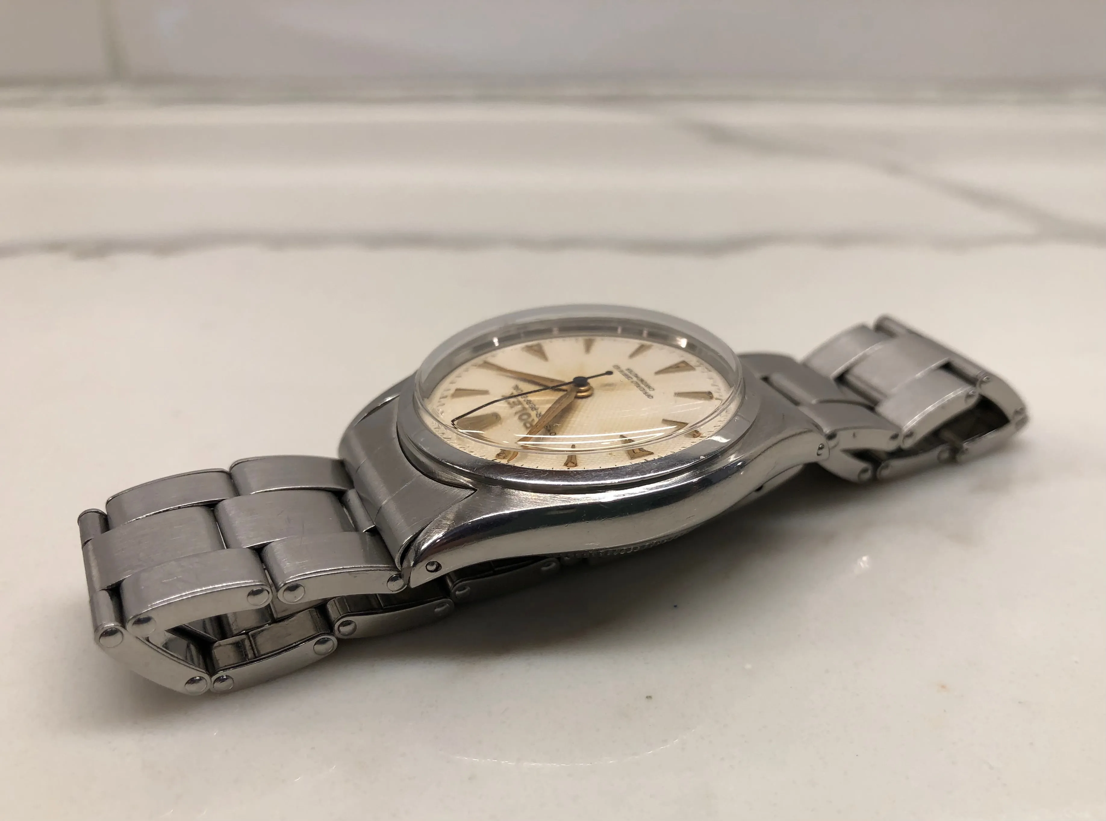 1958 Rolex Oyster Perpetual 6084 White Waffle Dial Big Logo Steel Rivet Bracelet Automatic Wristwatch