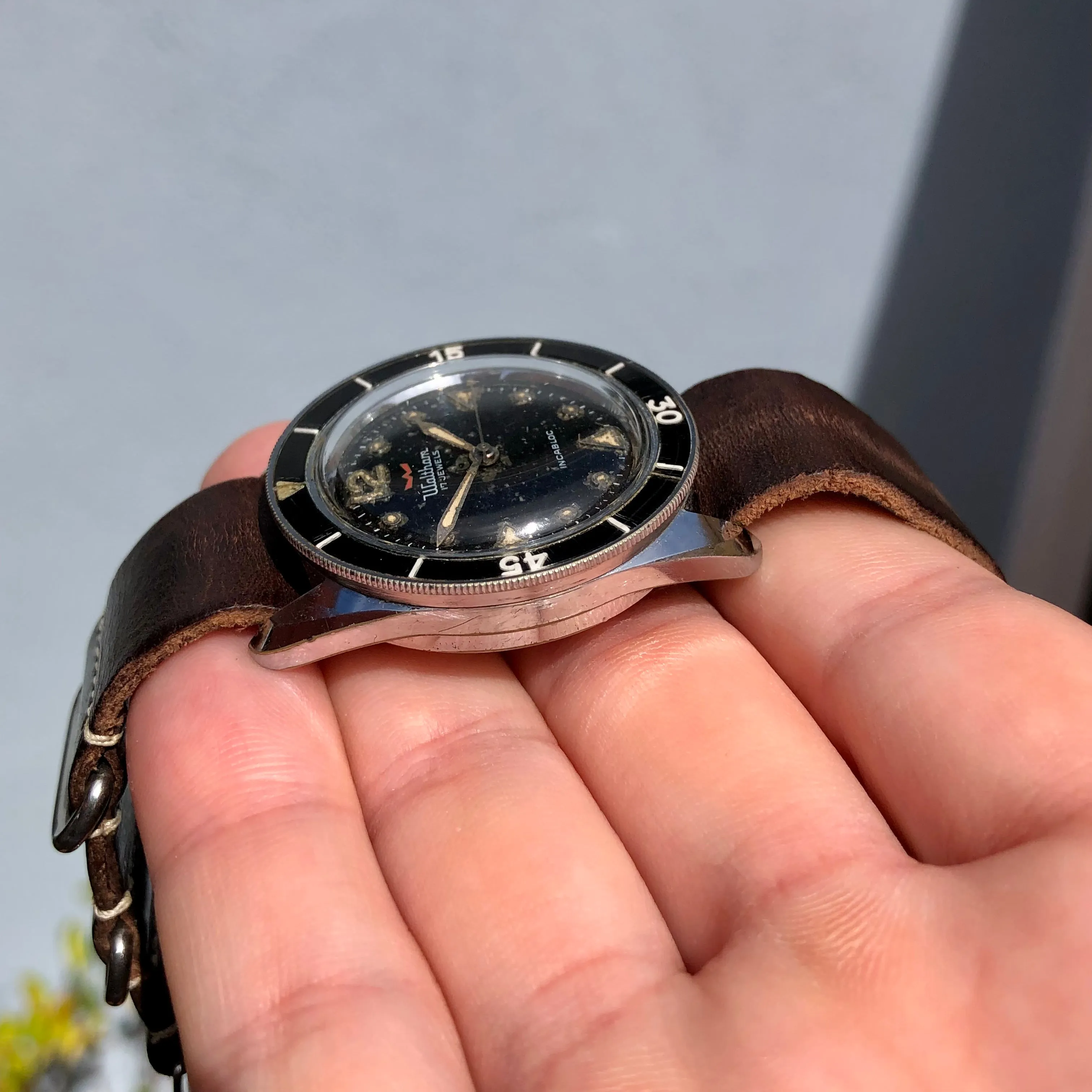 1959 Vintage Waltham Blancpain Bathyscaphe MC4 Automatic Black Bakelite Wristwatch
