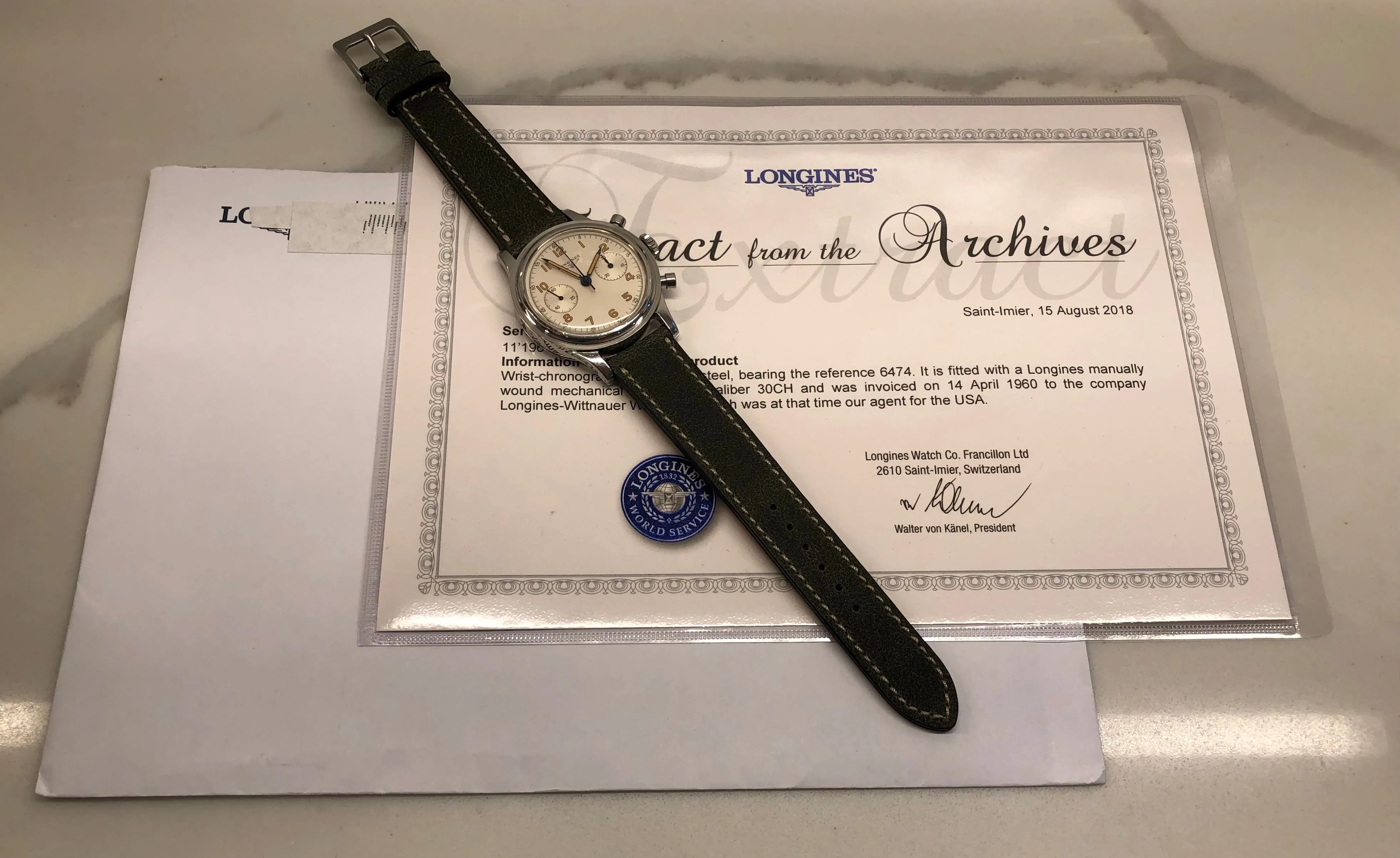 1960 Longines 6474 Stainless Steel 30CH Chronograph Telephone Dial Vintage Wristwatch with Extract