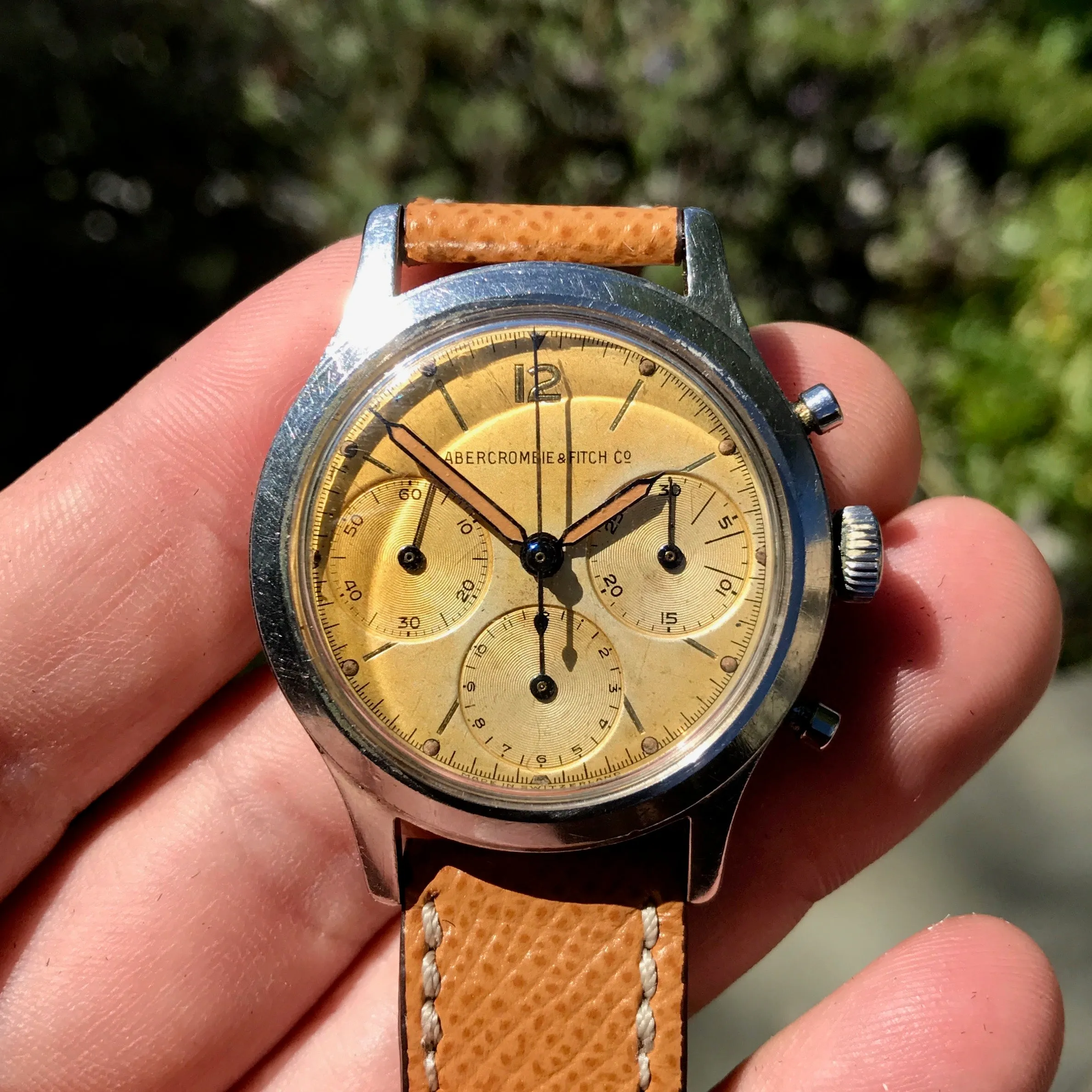 1960s Abercrombie & Fitch Co. 2444 (Heuer) Chronograph Valjoux 72 Manual Steel Wristwatch