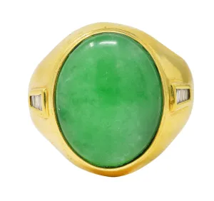 1960's Jade Diamond 18 Karat Yellow Gold Unisex Vintage Signet Ring