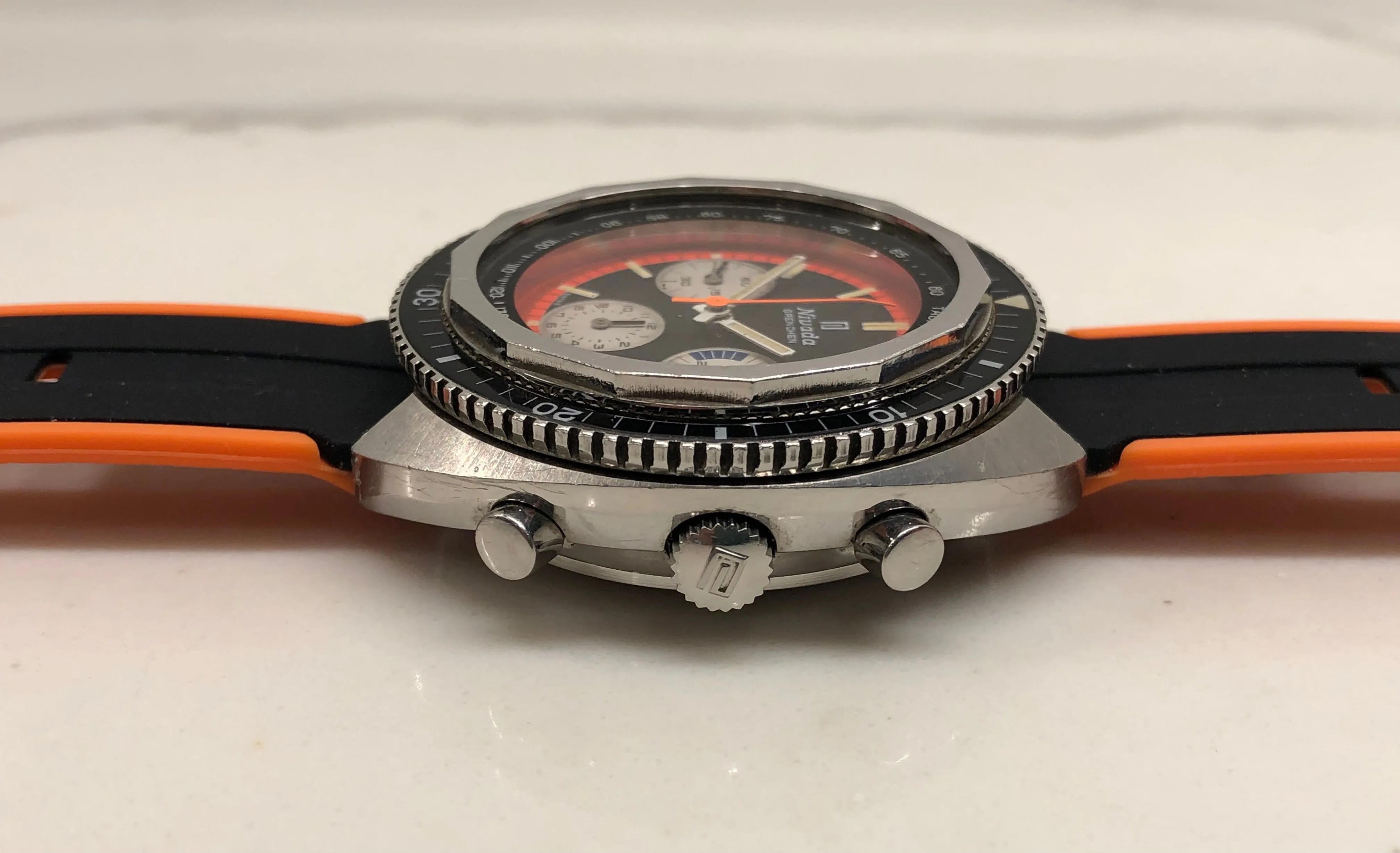 1960s Nivada Grenchen ChronoKing 4324 Valjoux 72 Steel Vintage Chronograph Wristwatch