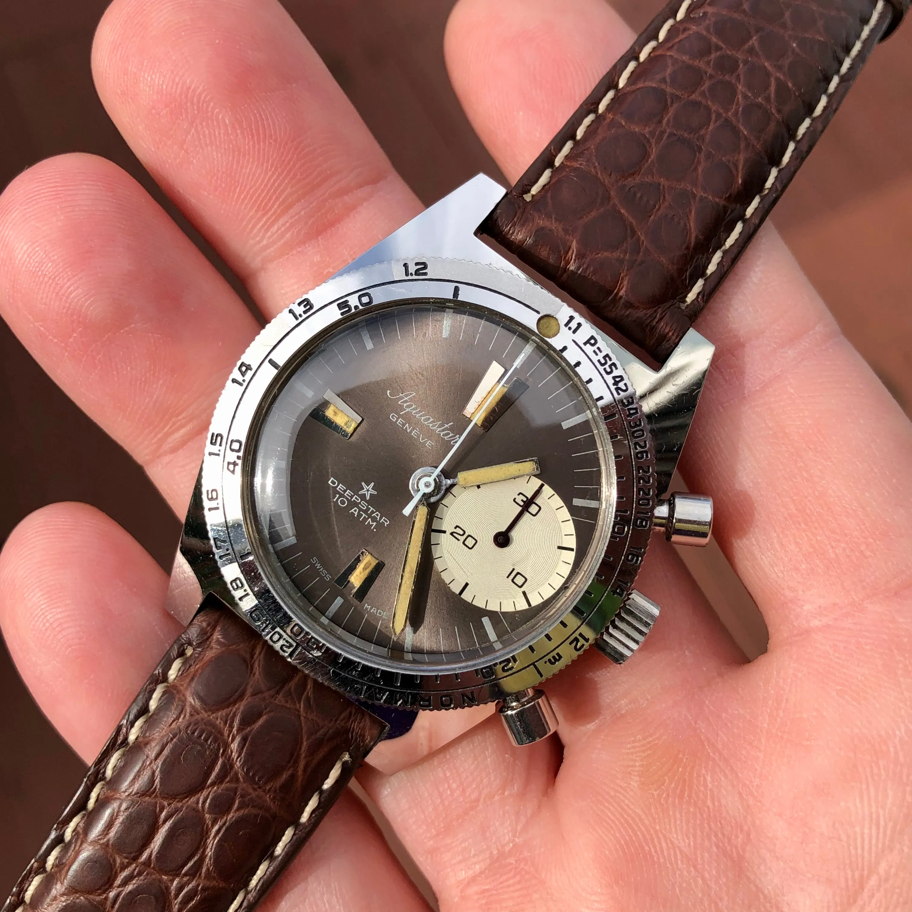 1960s Vintage Aquastar Deepstar Steel Chronograph Valjoux 92 Wristwatch