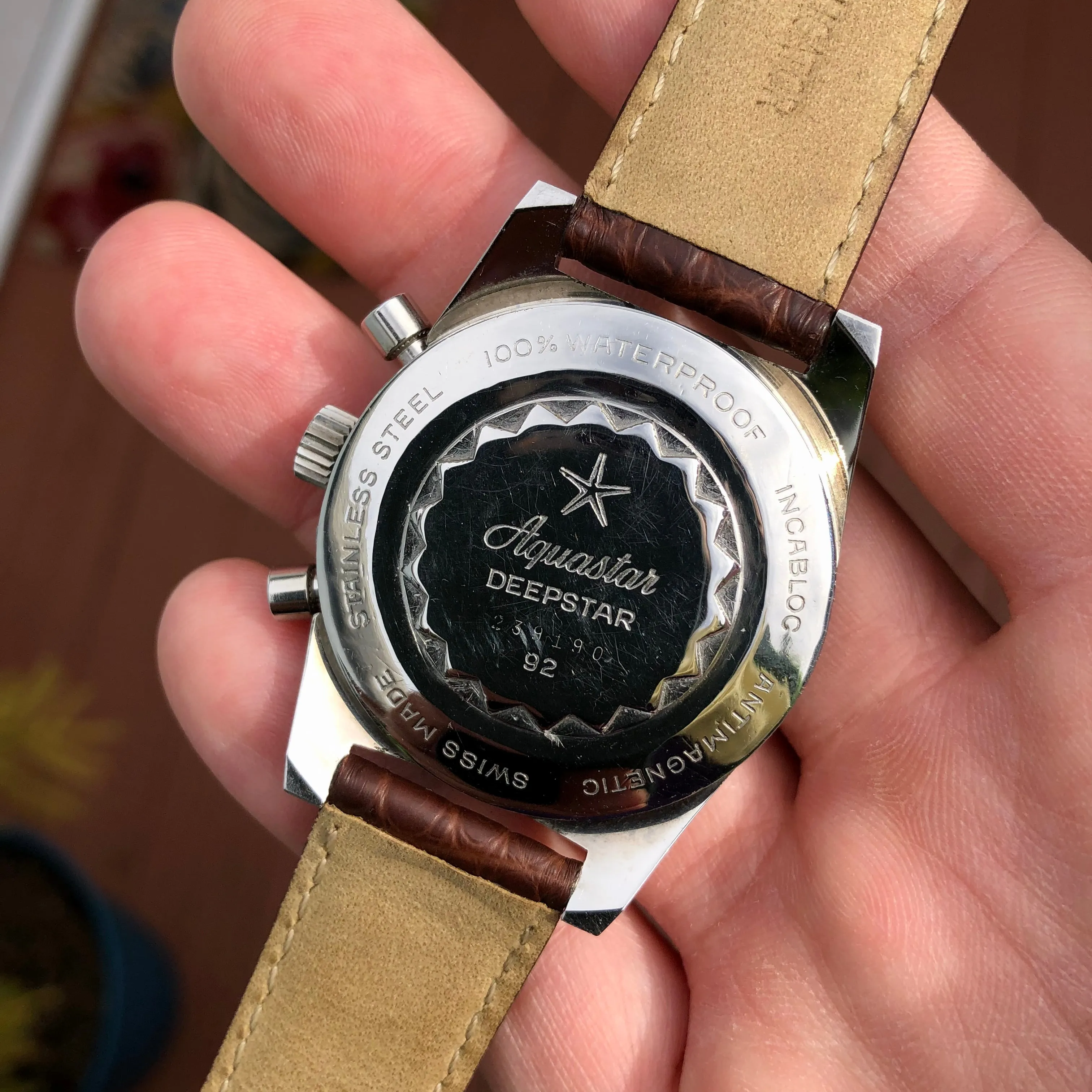 1960s Vintage Aquastar Deepstar Steel Chronograph Valjoux 92 Wristwatch