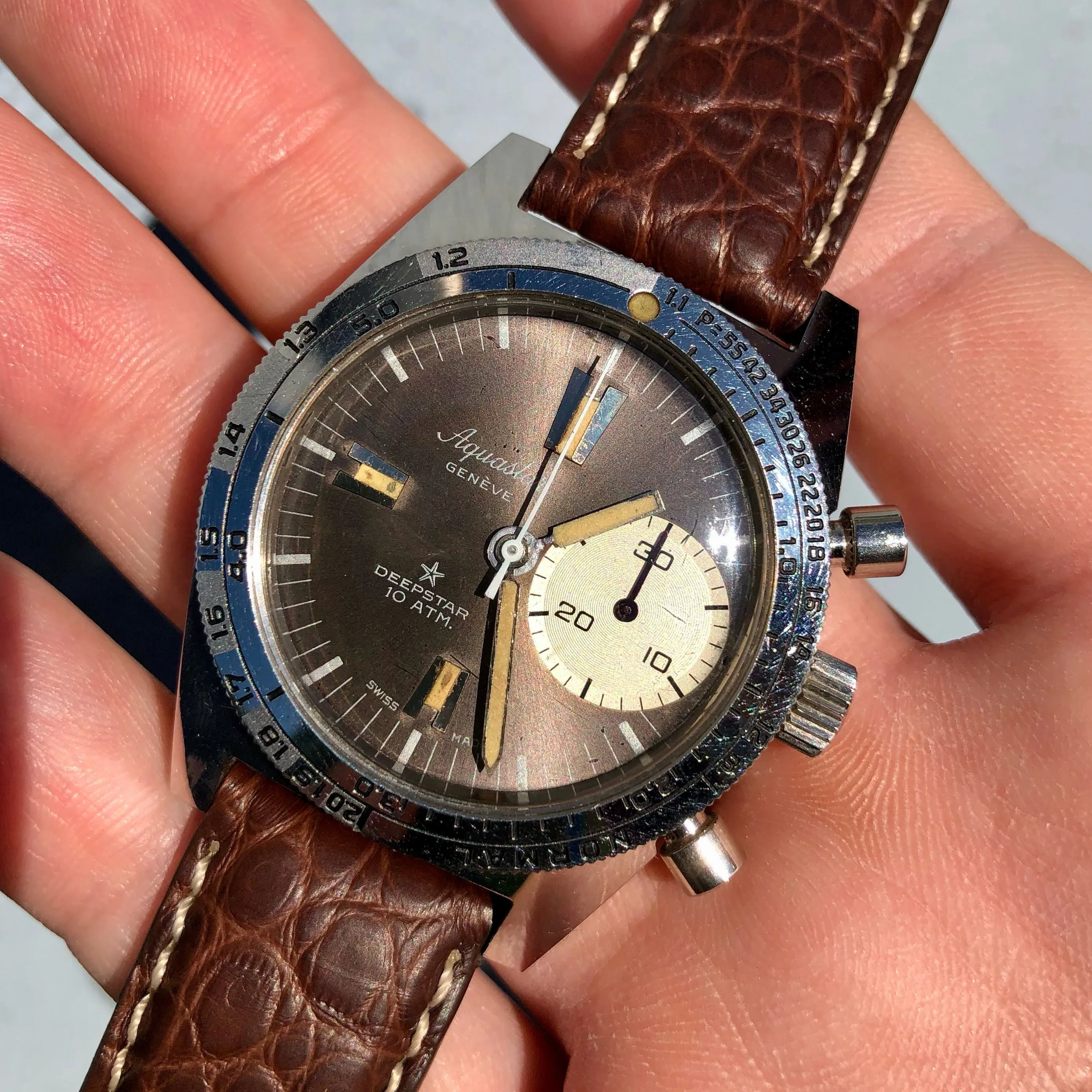 1960s Vintage Aquastar Deepstar Steel Chronograph Valjoux 92 Wristwatch