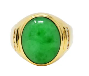1960's Vintage Jade Diamond 18 Karat Gold Men's Gemstone Ring