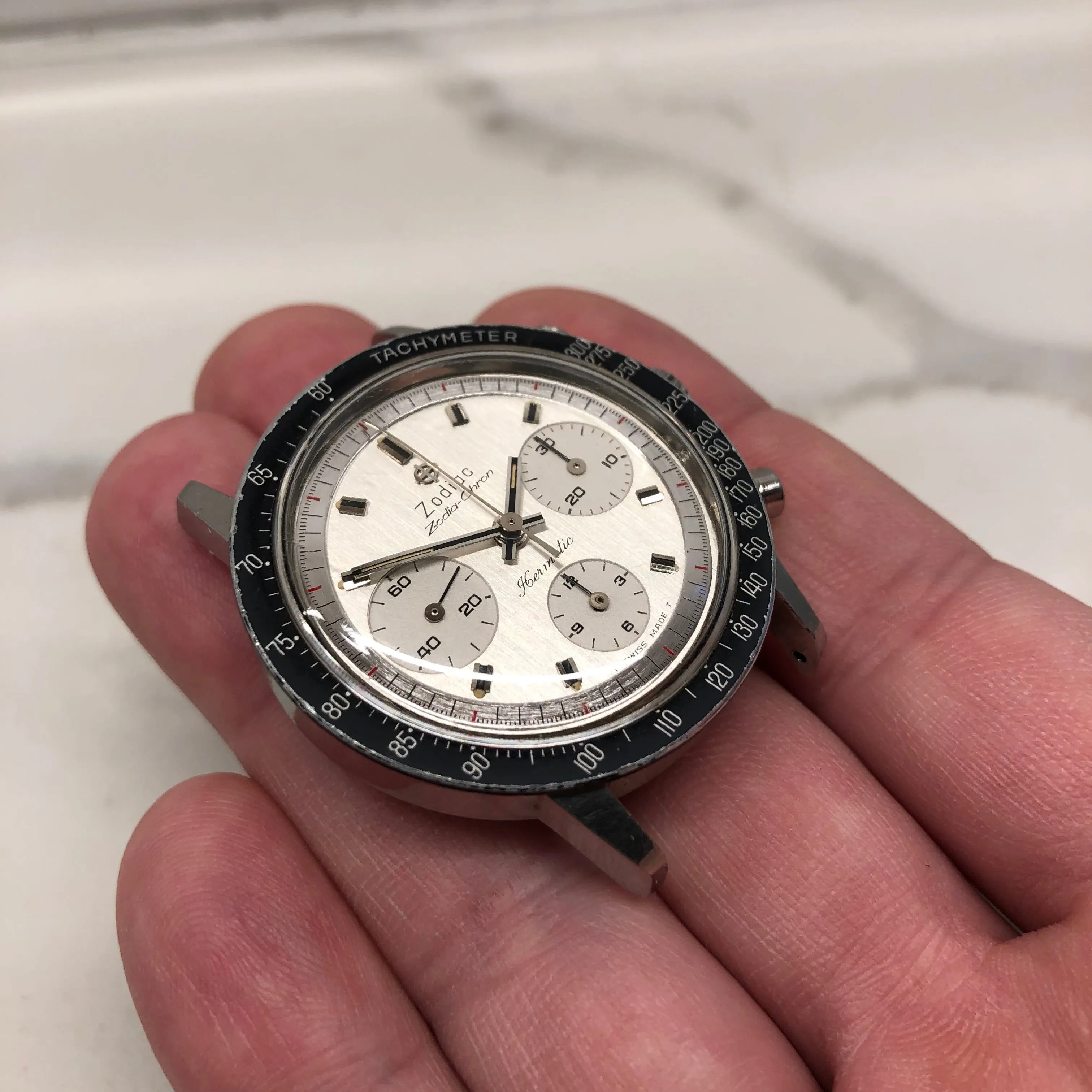 1960s Zodiac Zodiac-Chron Hermetic Steel Valjoux 72 Chronograph Wristwatch
