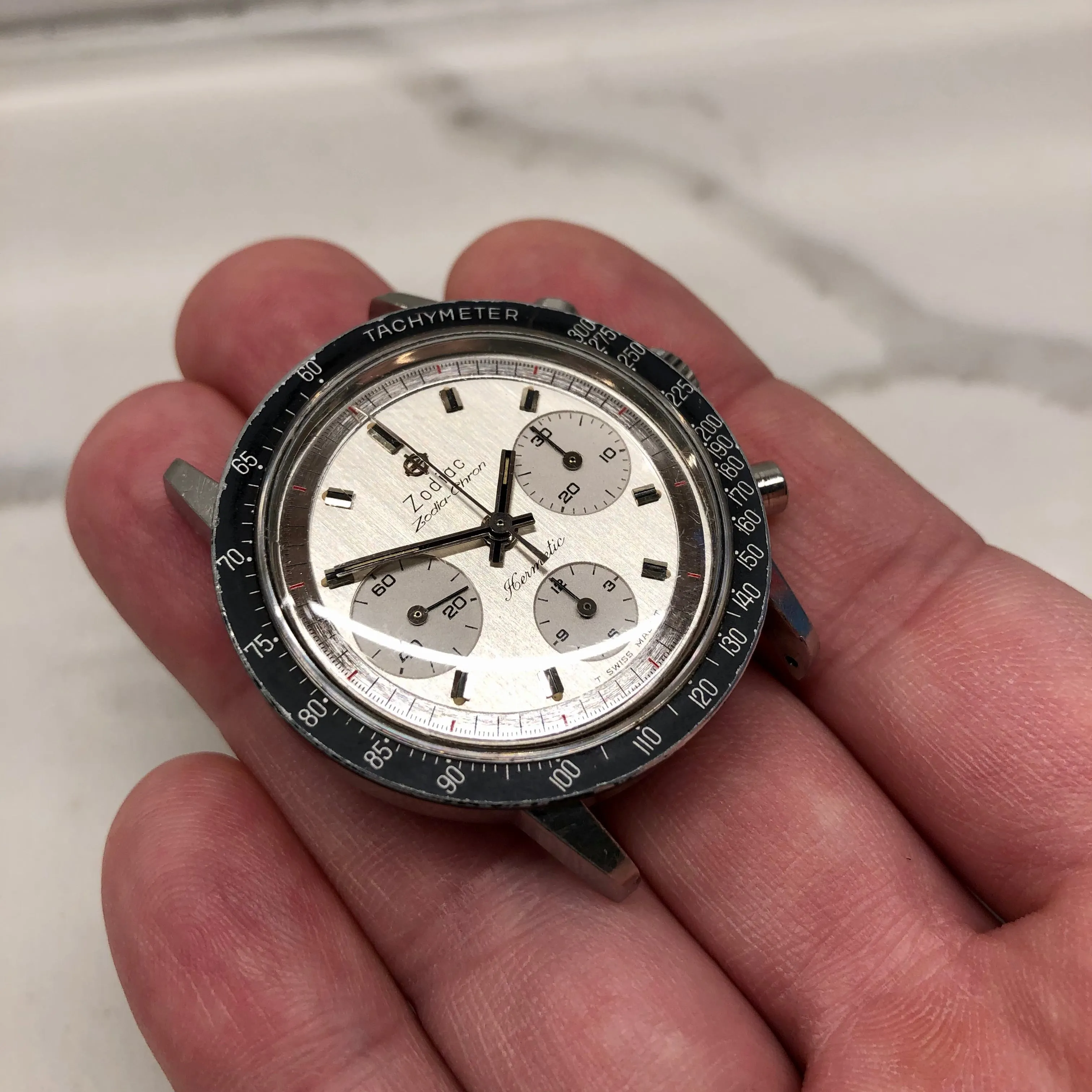 1960s Zodiac Zodiac-Chron Hermetic Steel Valjoux 72 Chronograph Wristwatch