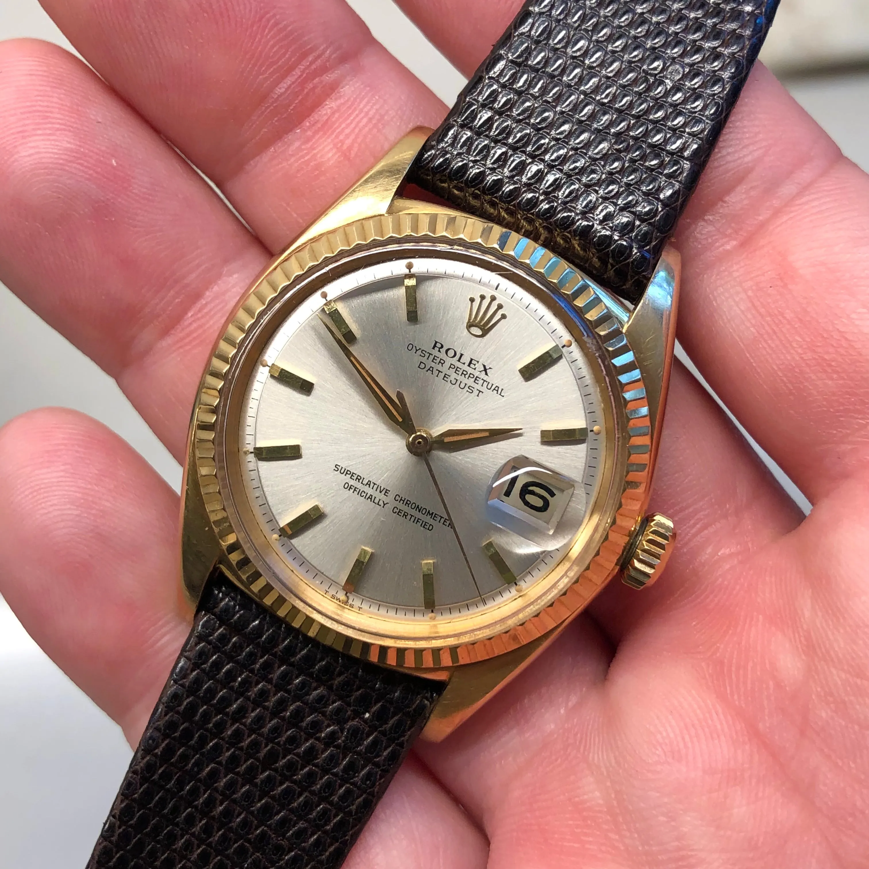 1962 Rolex Datejust 1601 18K Yellow Gold Sword Hands Automatic Wristwatch
