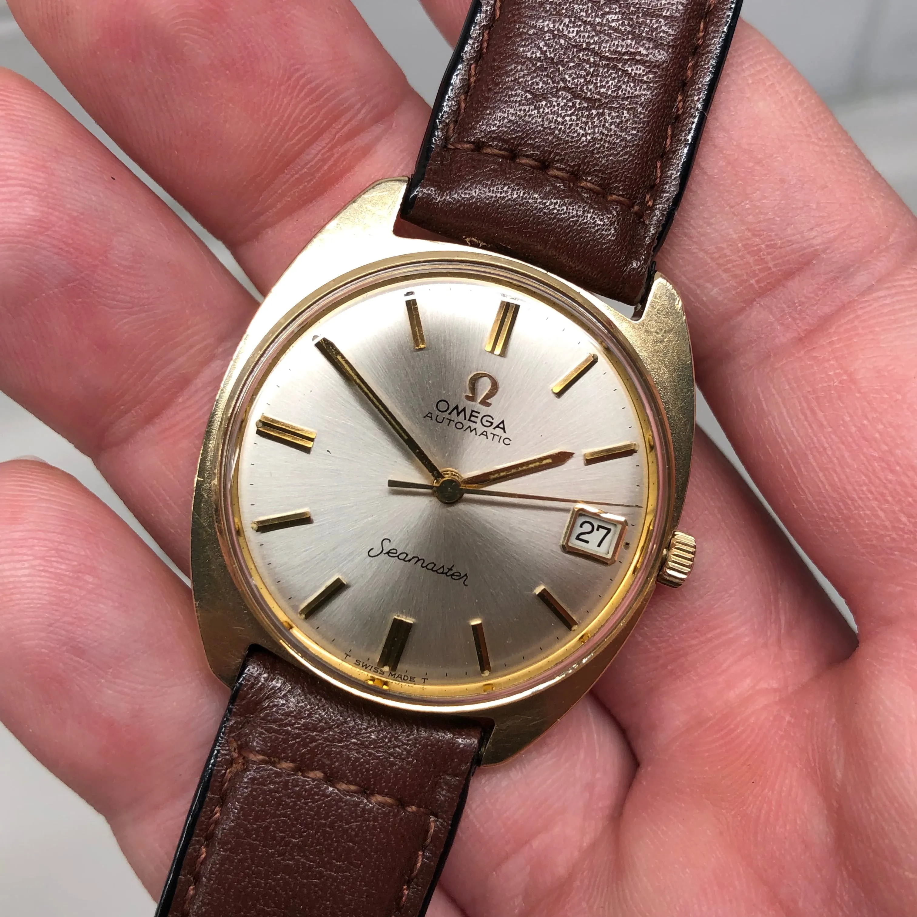 1966 Omega Seamaster 6736 14K Yellow Gold Caliber 563 Date Automatic Wristwatch