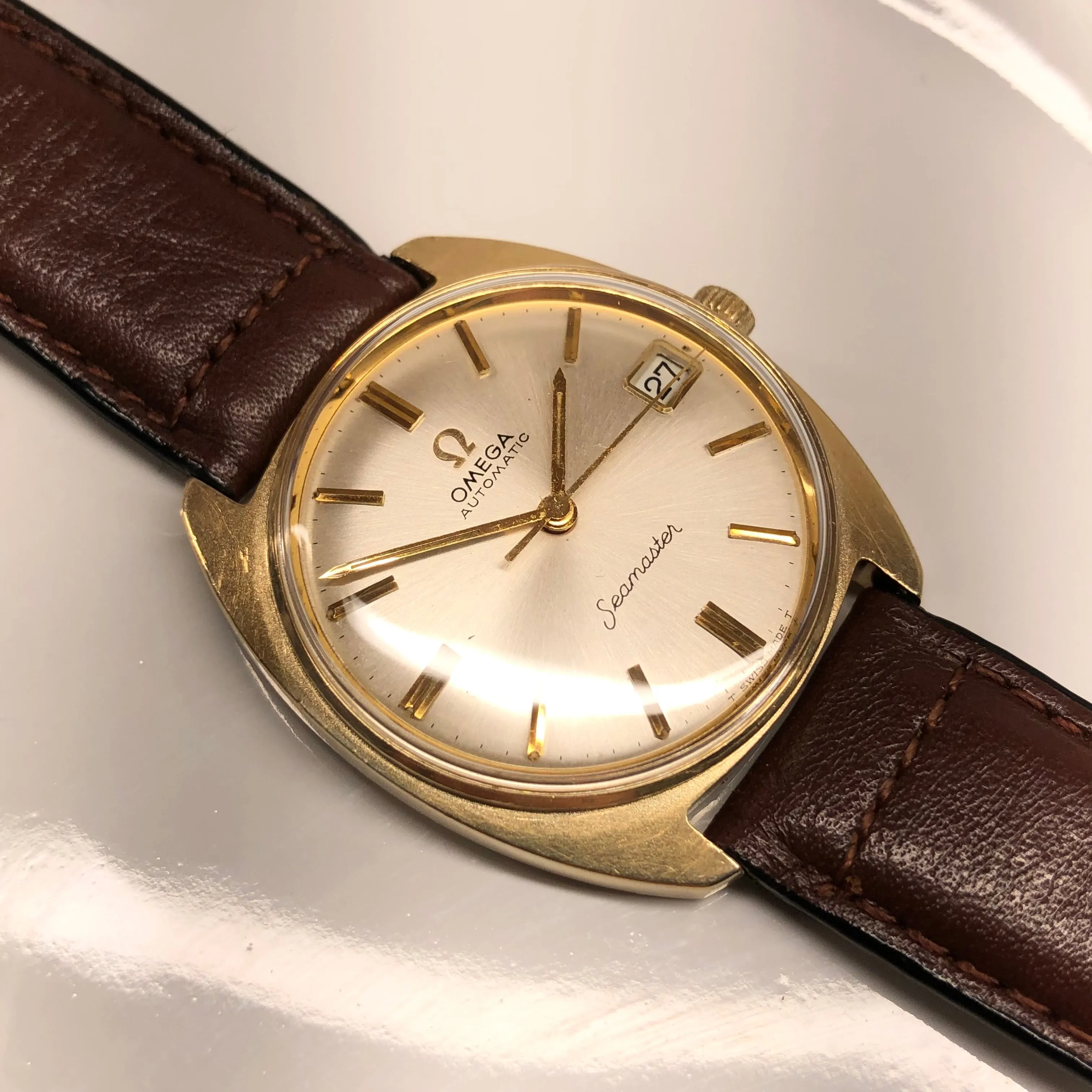 1966 Omega Seamaster 6736 14K Yellow Gold Caliber 563 Date Automatic Wristwatch