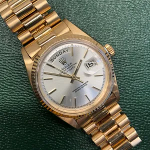 1966 Rolex President 1803 Day Date Yellow Gold Silver Tritium Pie Pan Wristwatch