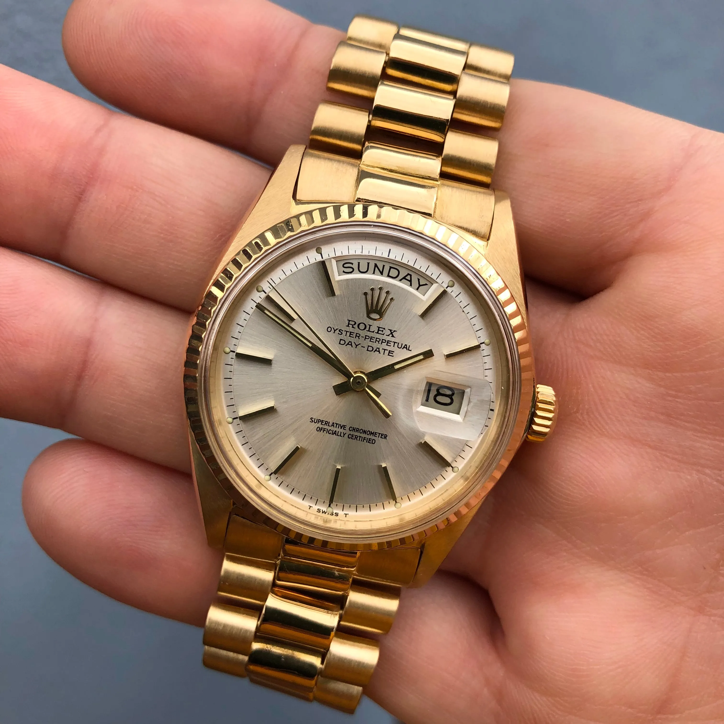 1966 Rolex President 1803 Day Date Yellow Gold Silver Tritium Pie Pan Wristwatch
