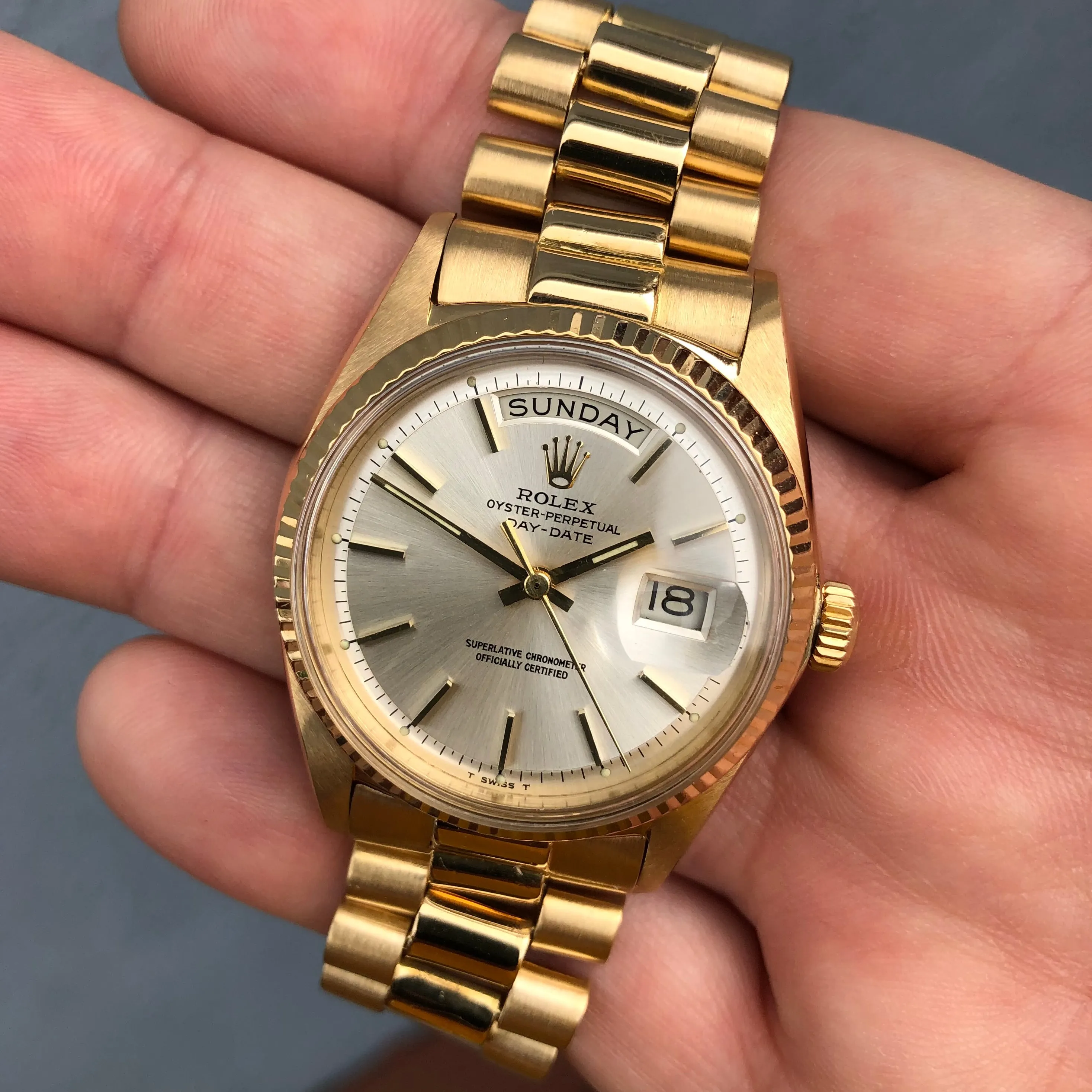 1966 Rolex President 1803 Day Date Yellow Gold Silver Tritium Pie Pan Wristwatch