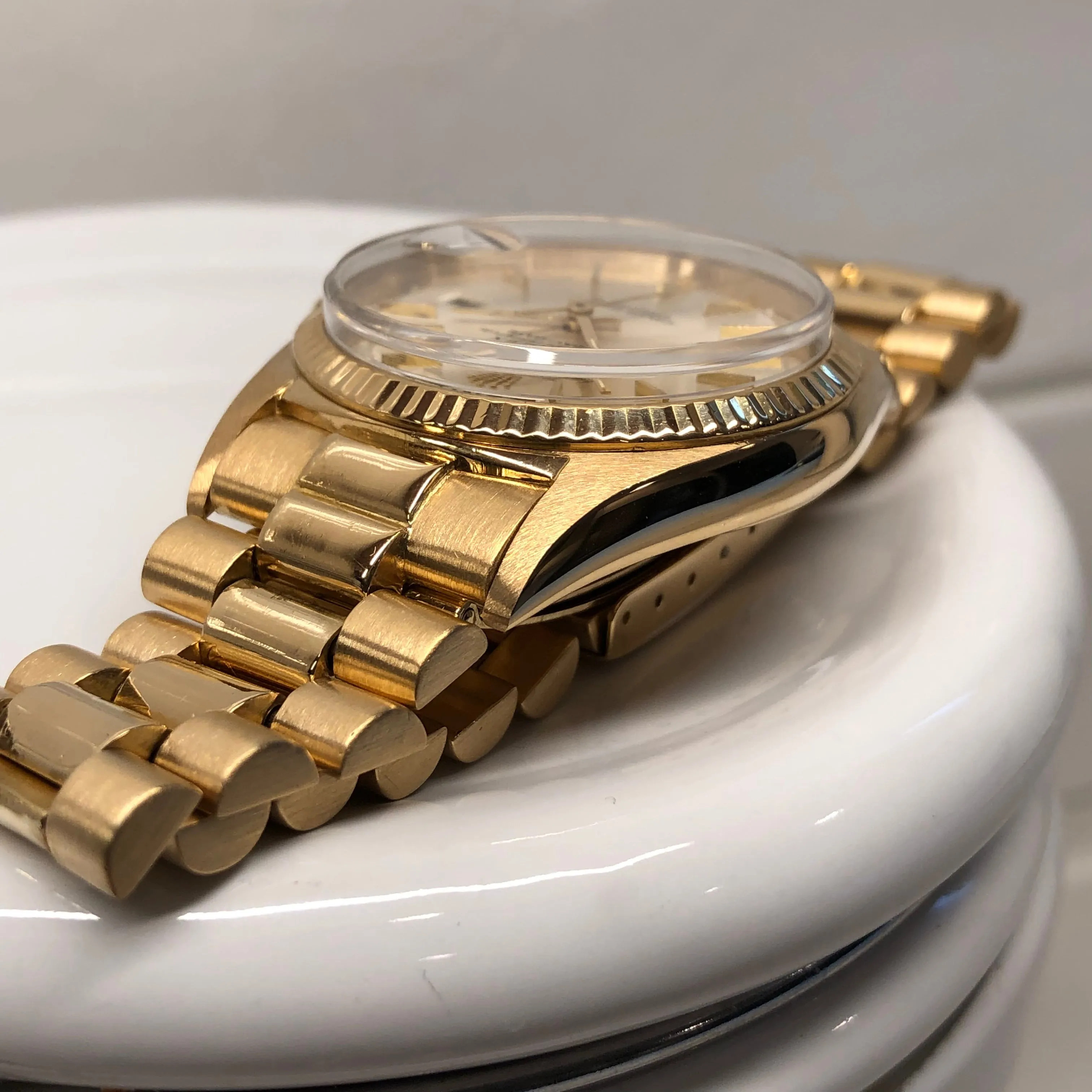 1966 Rolex President 1803 Day Date Yellow Gold Silver Tritium Pie Pan Wristwatch
