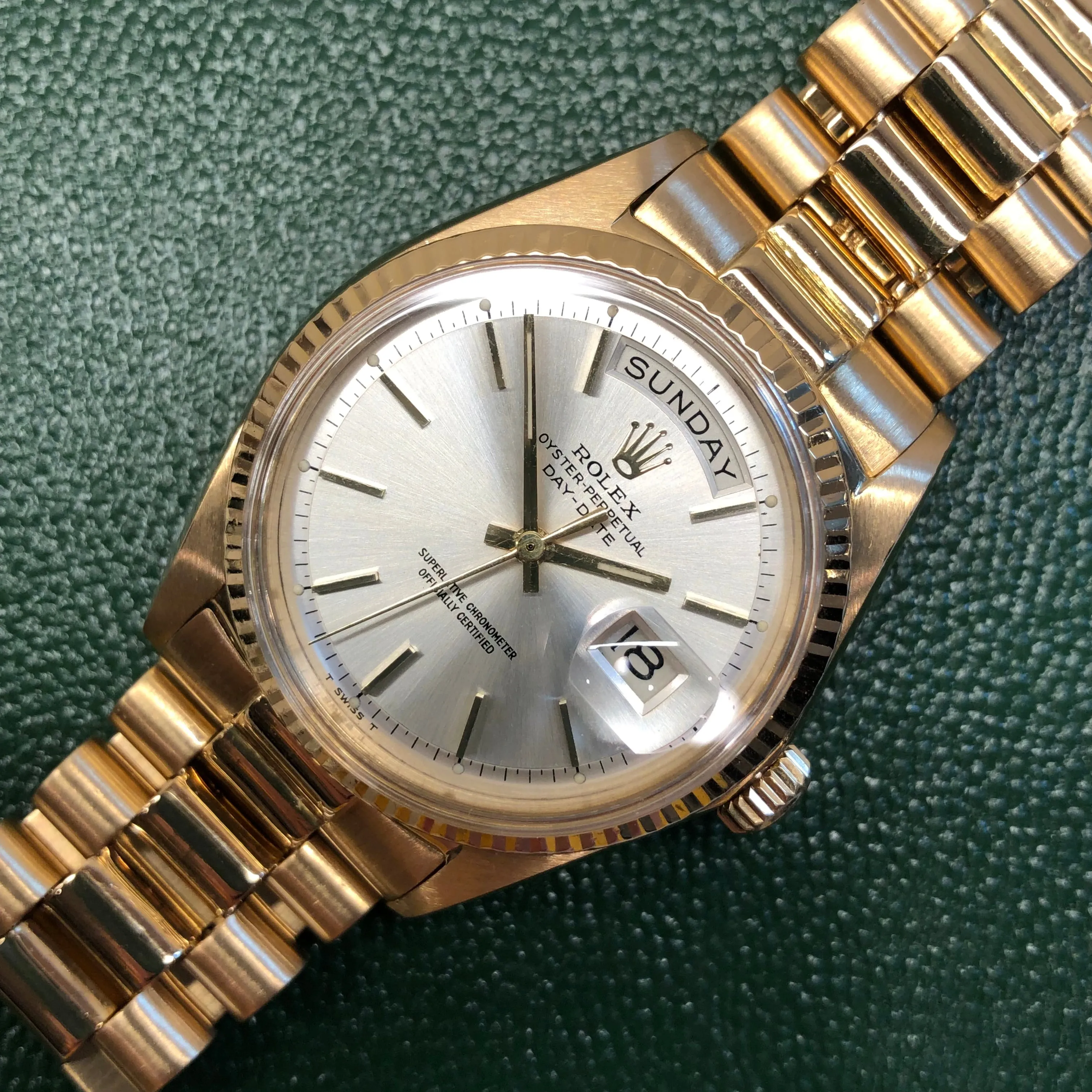 1966 Rolex President 1803 Day Date Yellow Gold Silver Tritium Pie Pan Wristwatch