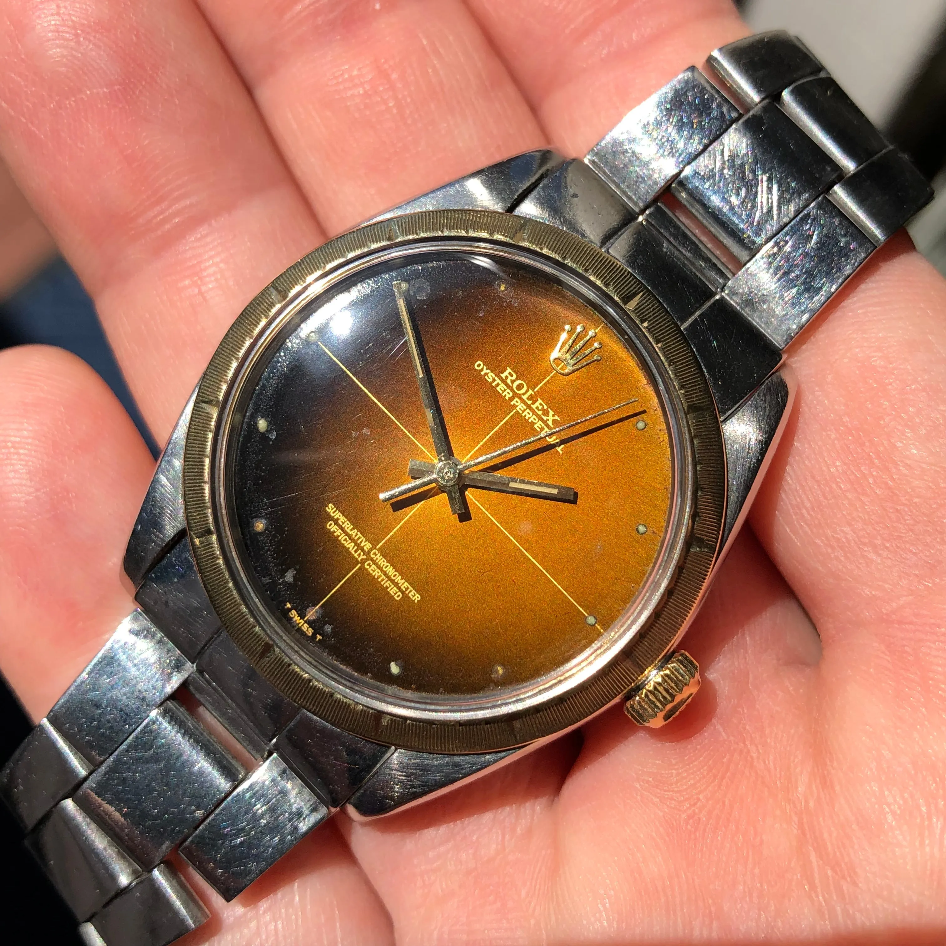 1967 Rolex Zephyr 1008 Tropical Gilt Cross Hair Dial Steel Gold Automatic Wristwatch