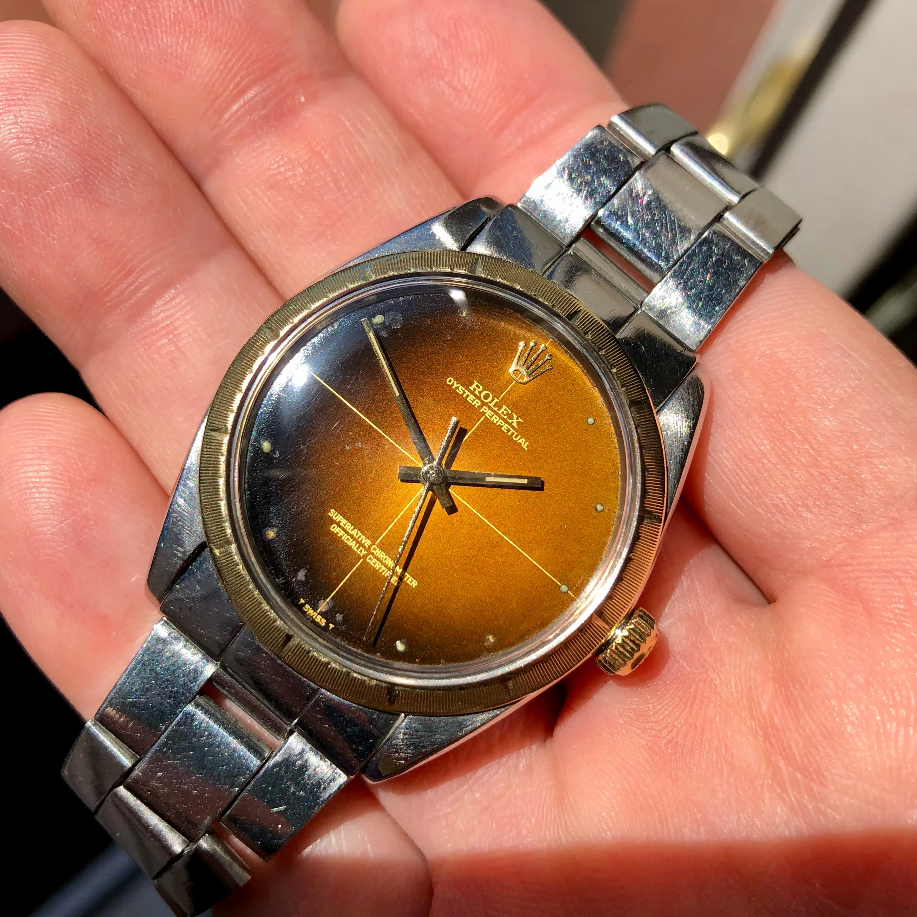 1967 Rolex Zephyr 1008 Tropical Gilt Cross Hair Dial Steel Gold Automatic Wristwatch